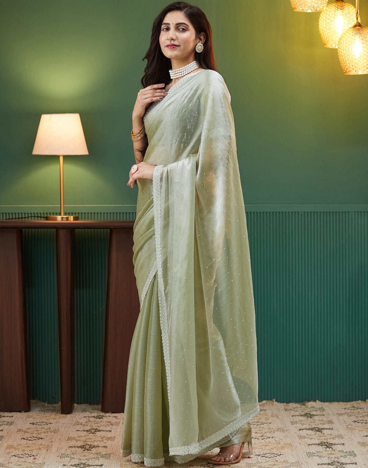 Pista Green Shimmer Chiffon Stone Work Embellished Saree