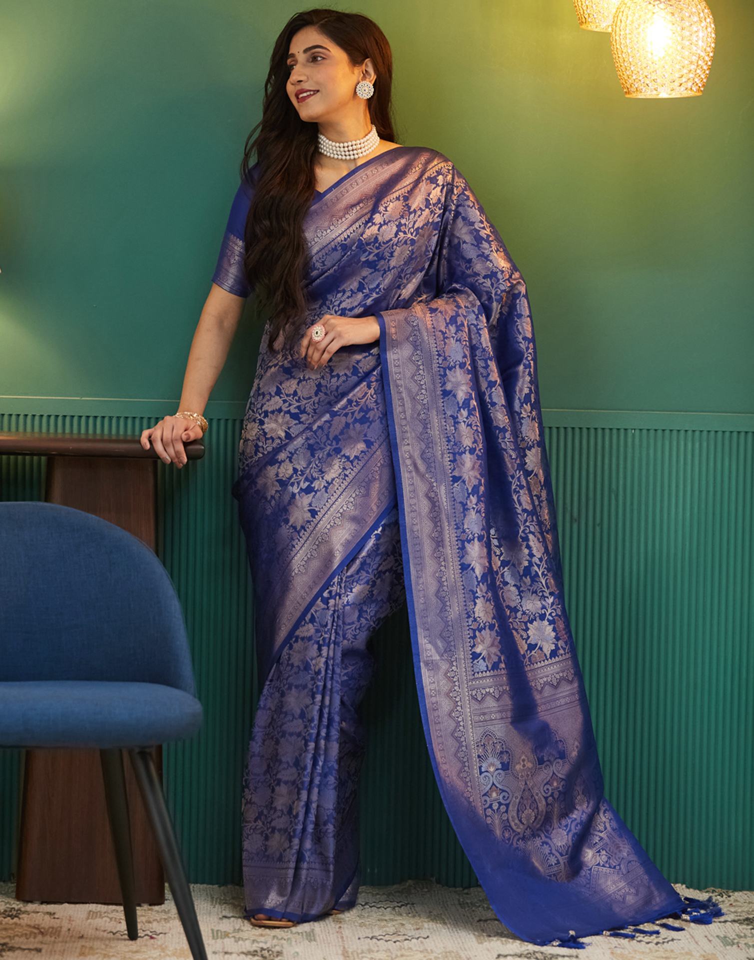 Dark Blue Silk Woven Banarasi Saree