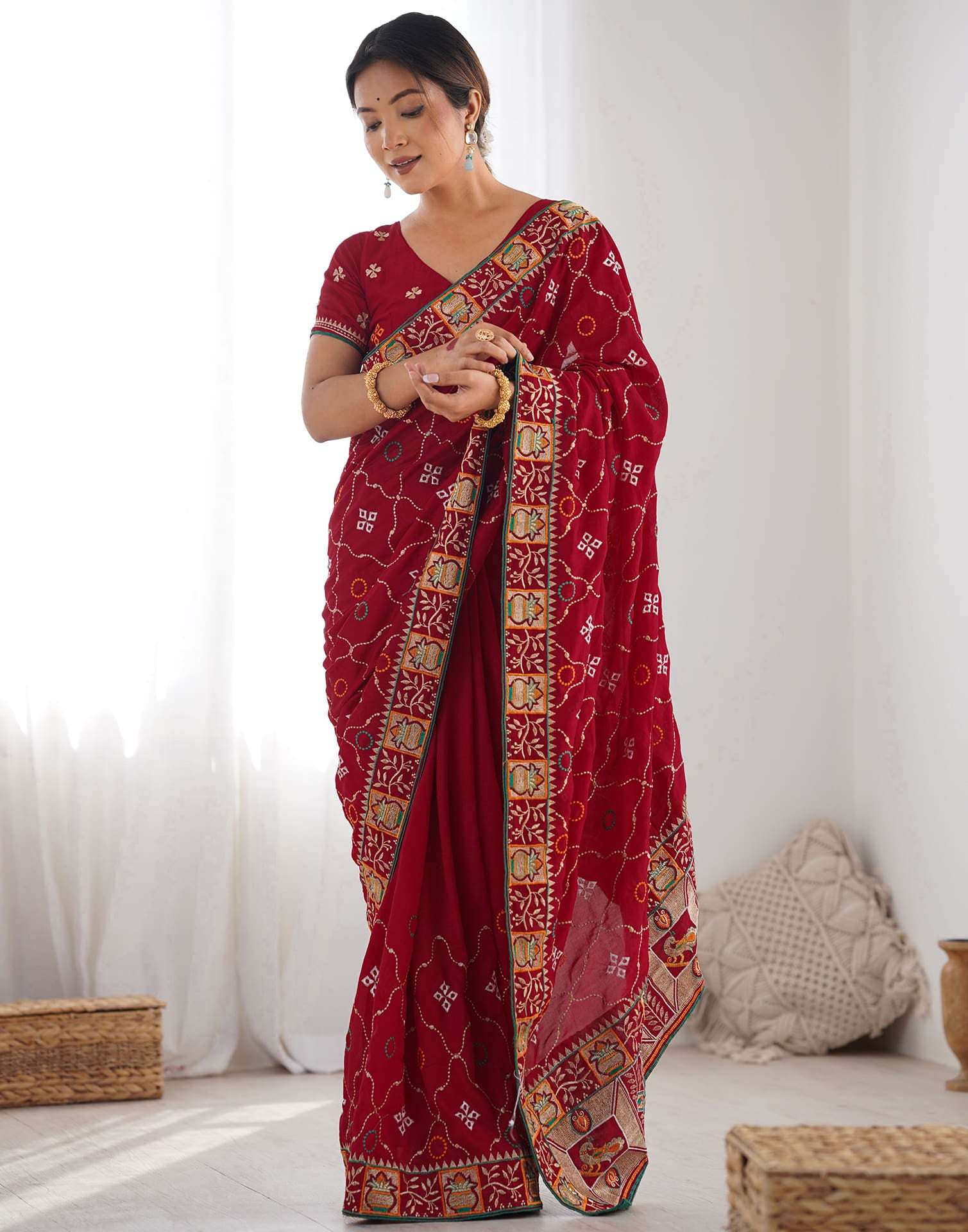 Red Vichitra Silk Embroidery Saree
