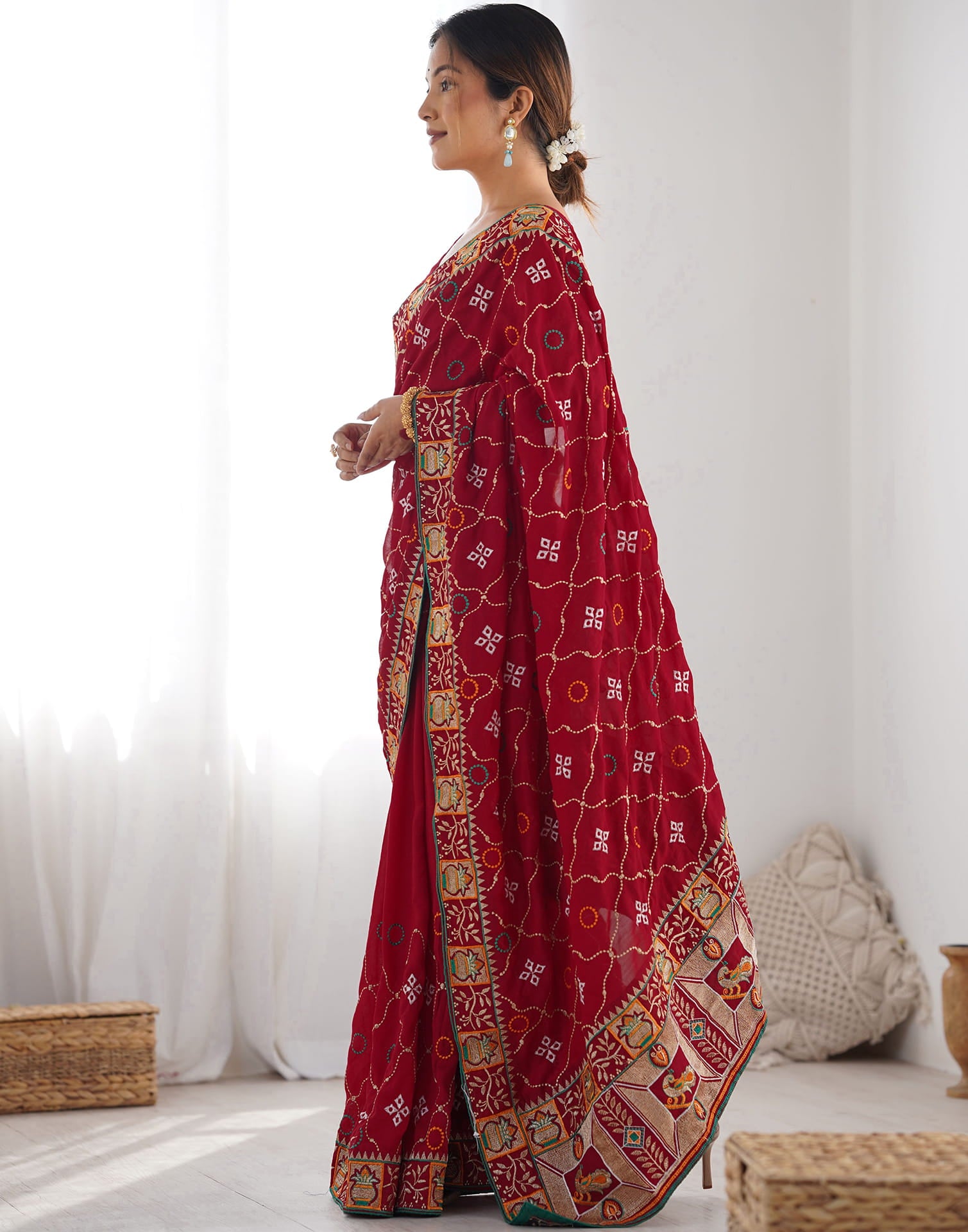Red Vichitra Silk Embroidery Saree
