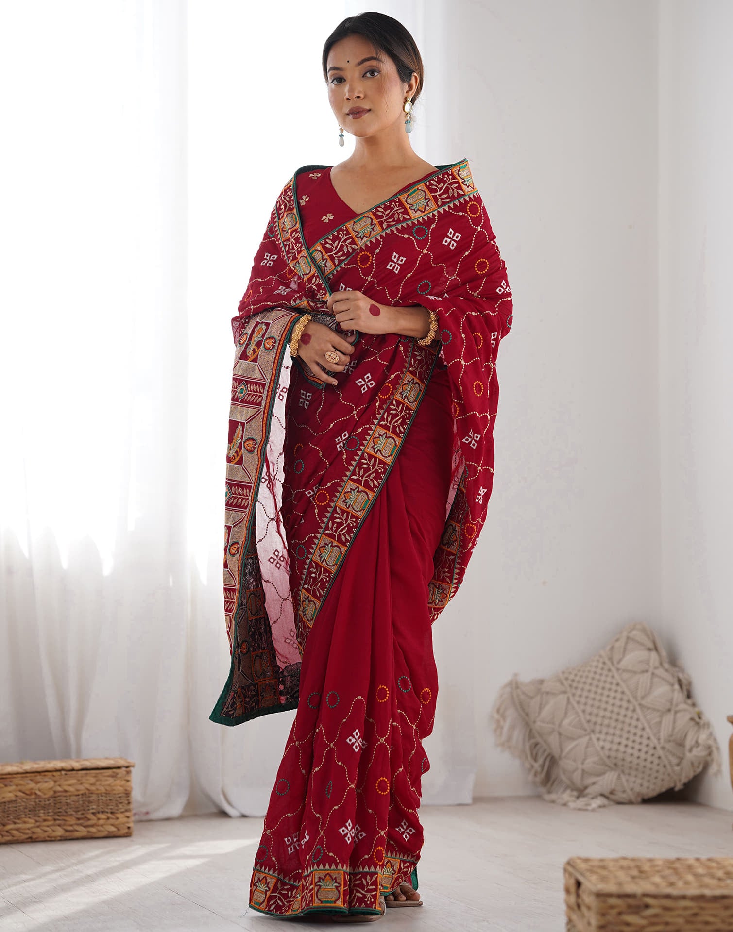 Red Vichitra Silk Embroidery Saree