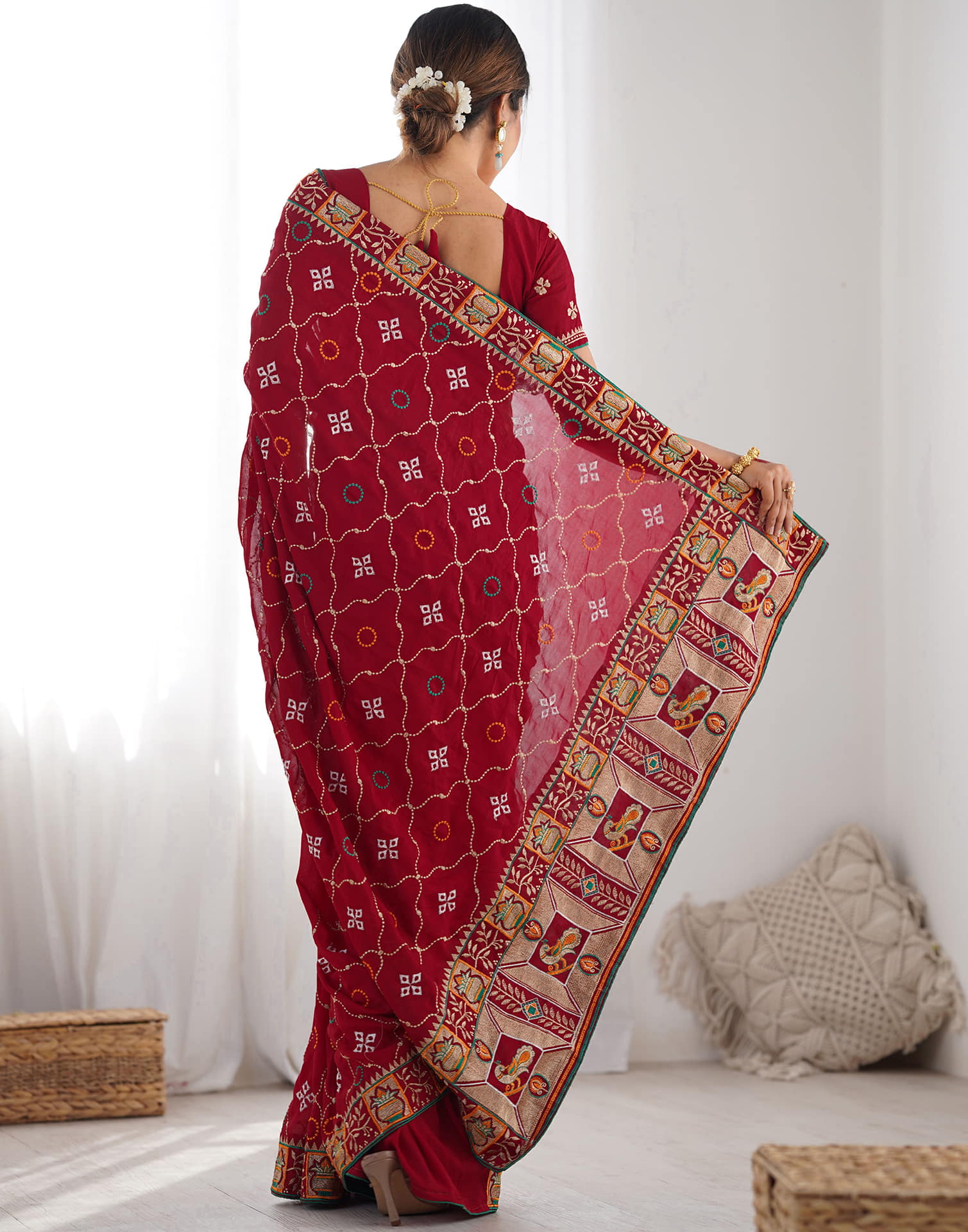 Red Vichitra Silk Embroidery Saree