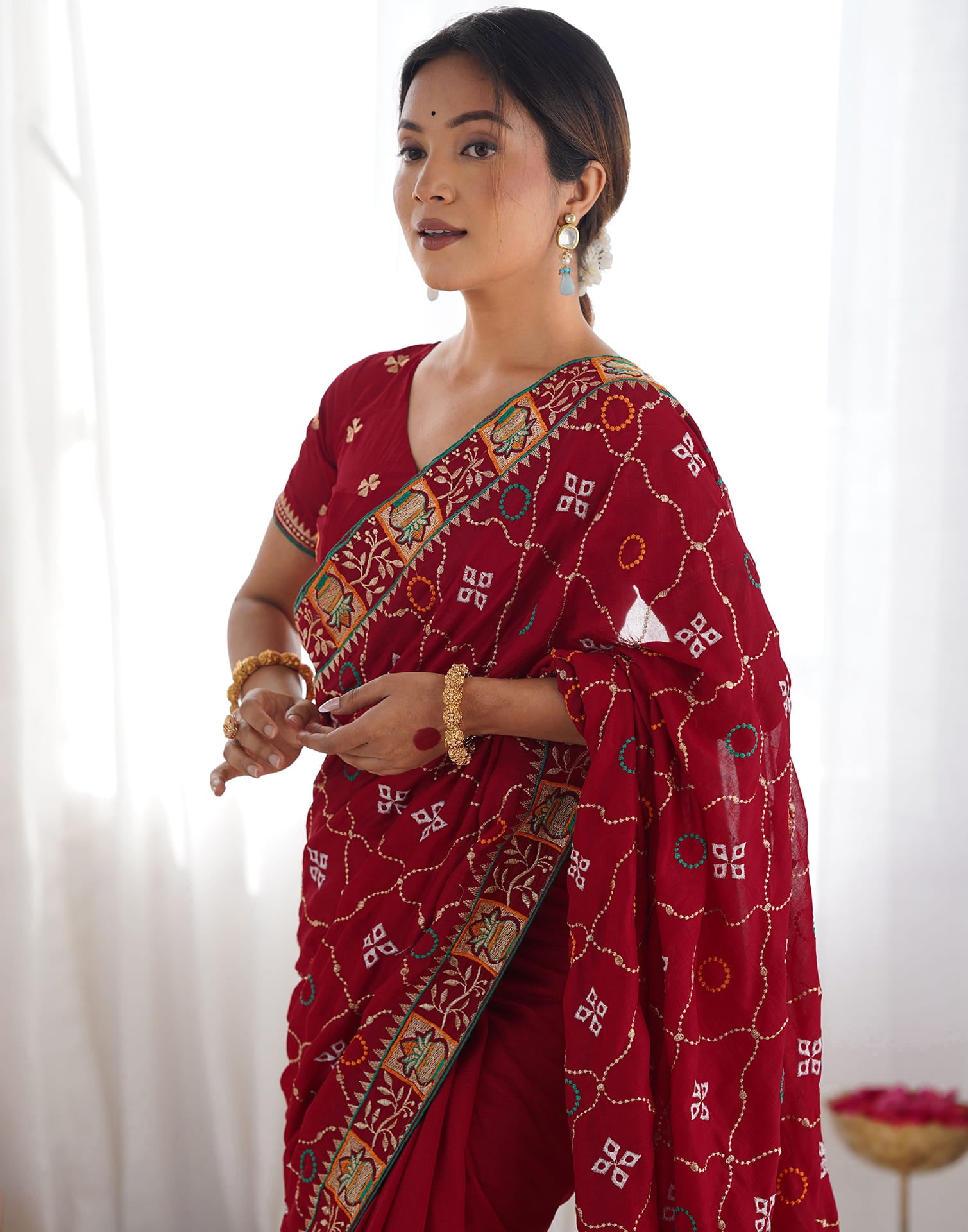 Red Vichitra Silk Embroidery Saree