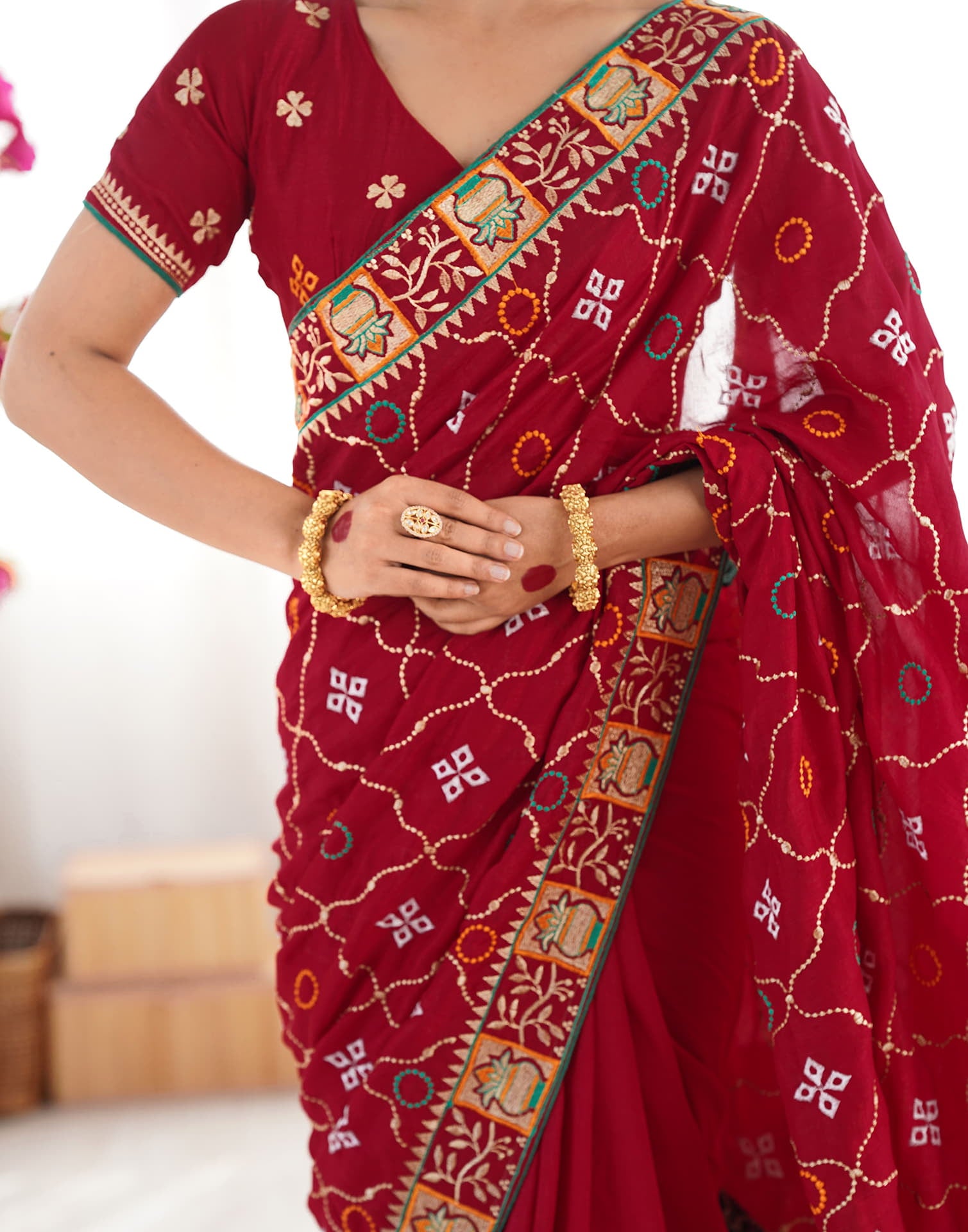 Red Vichitra Silk Embroidery Saree