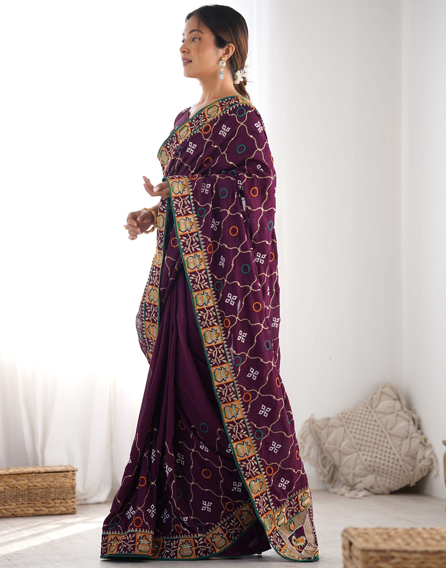 Wine Vichitra Silk Embroidery Saree