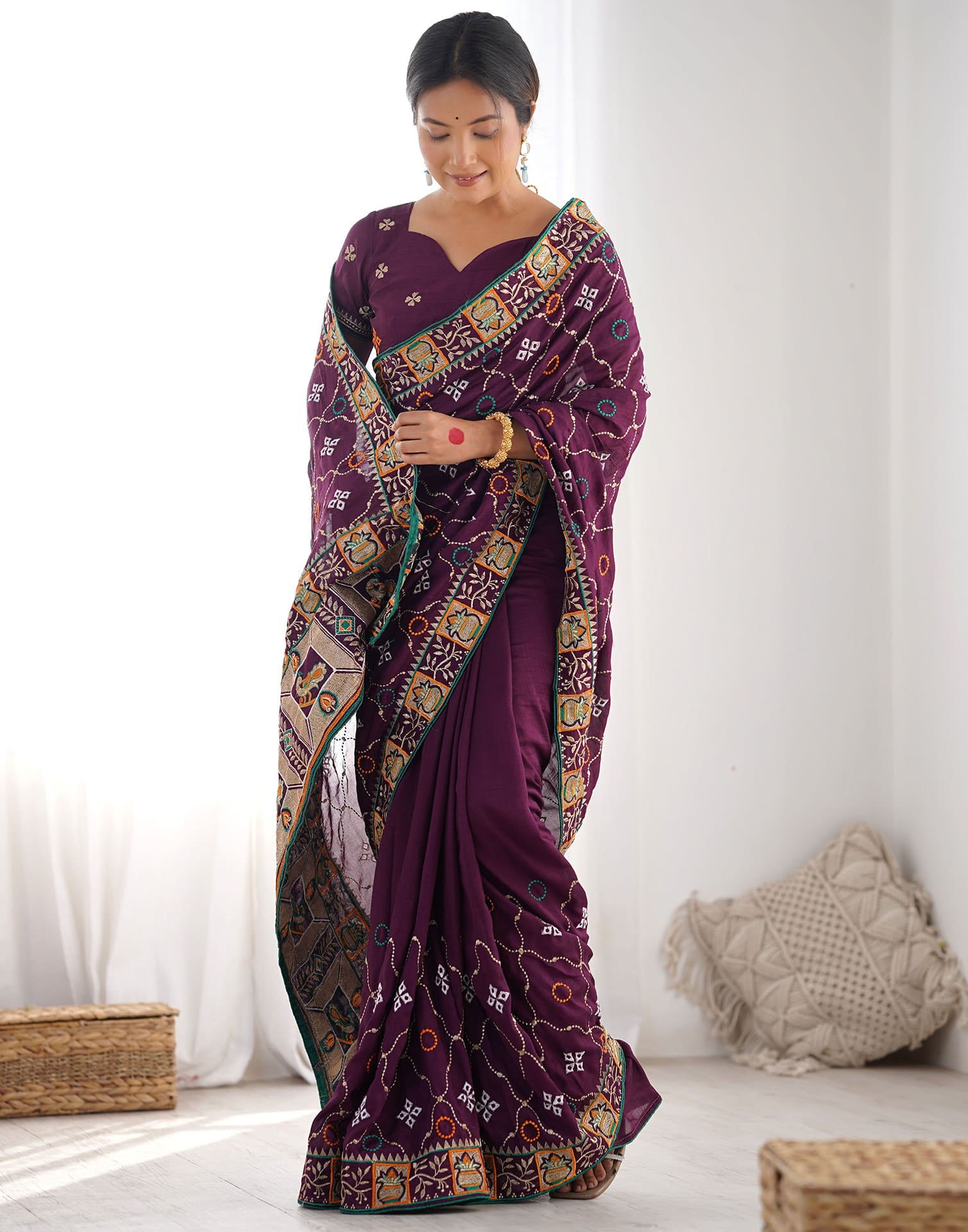 Wine Vichitra Silk Embroidery Saree