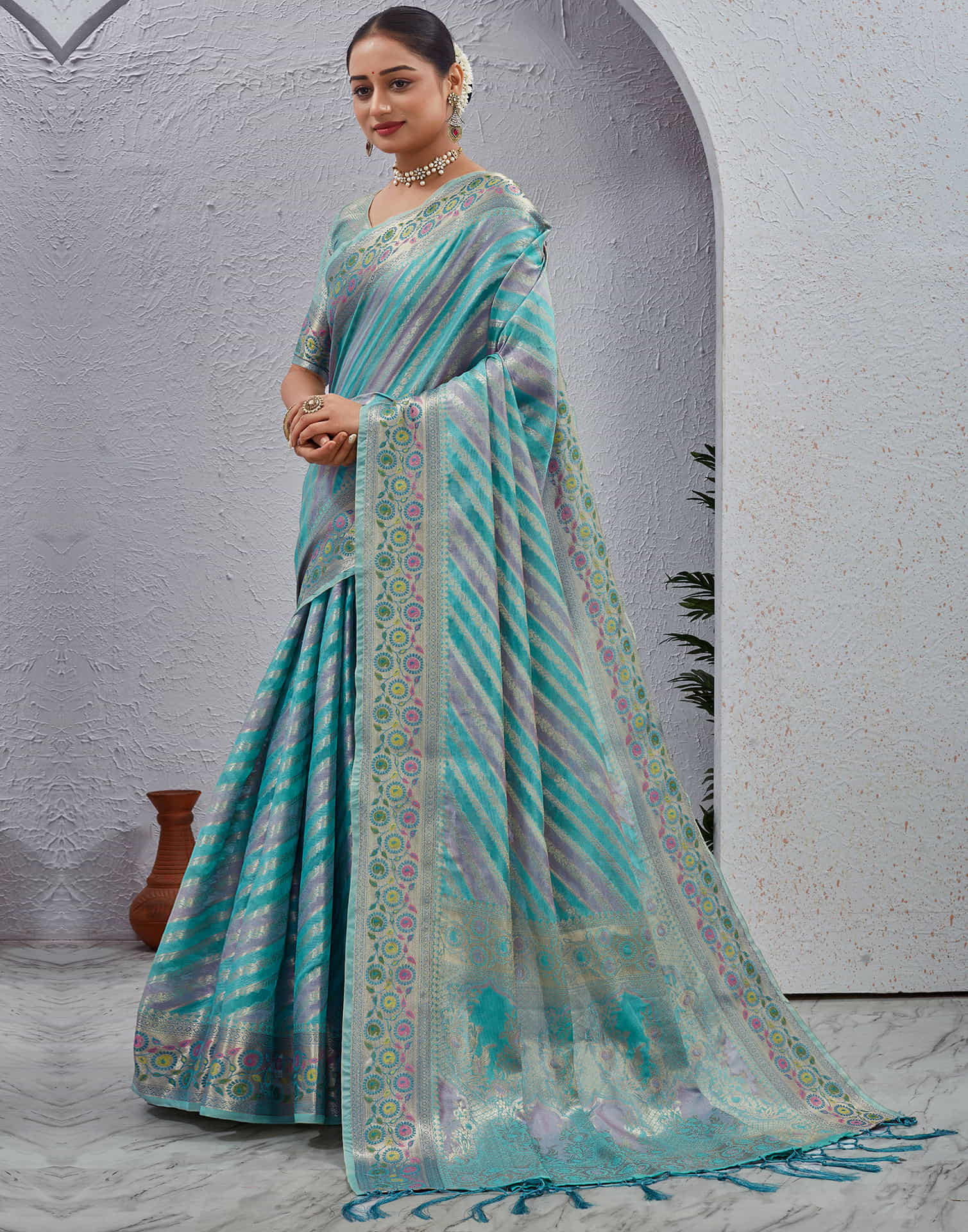 Turquoise Silk Woven Banarasi Saree
