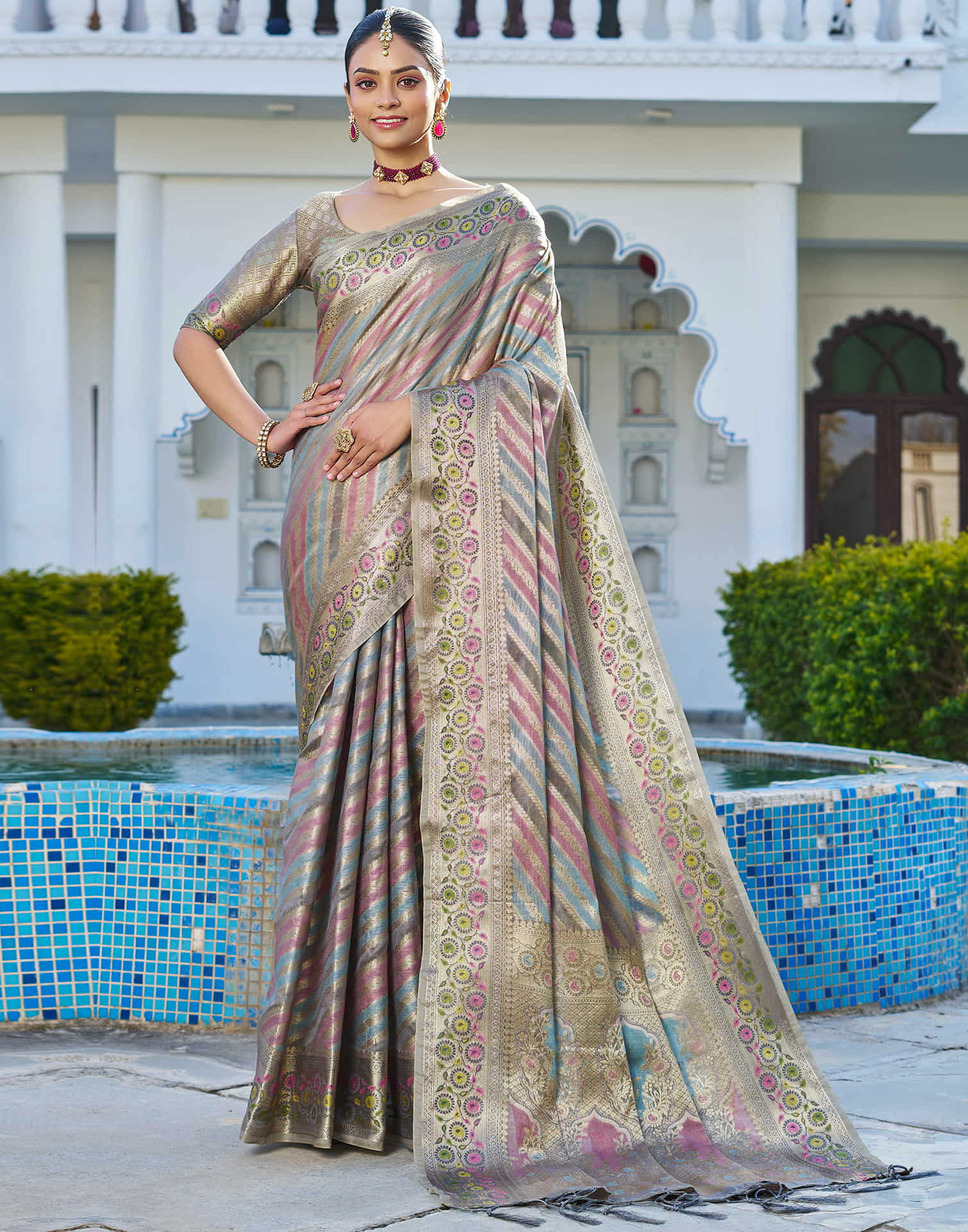 Grey Silk Woven Banarasi Saree