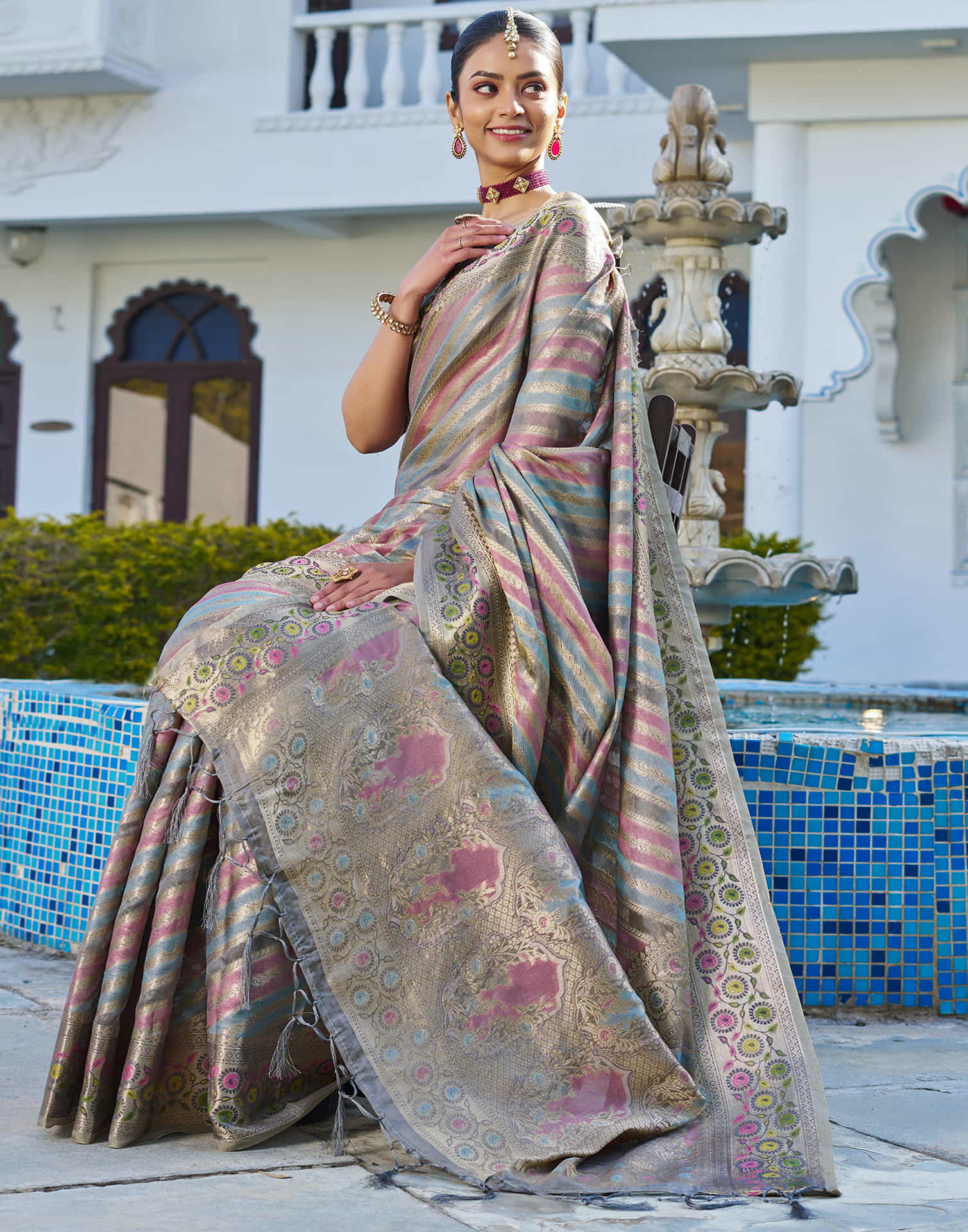 Grey Silk Woven Banarasi Saree