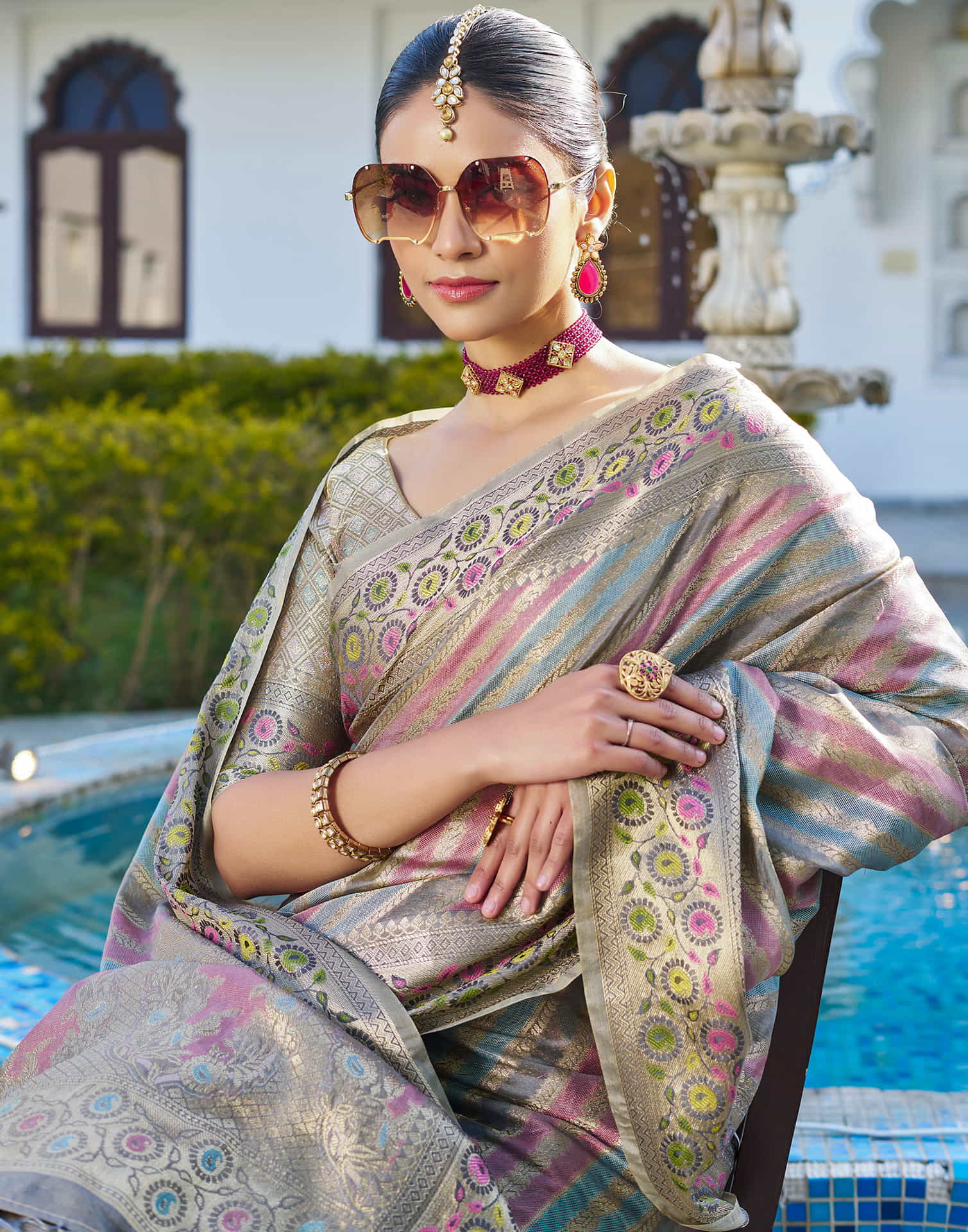 Grey Silk Woven Banarasi Saree