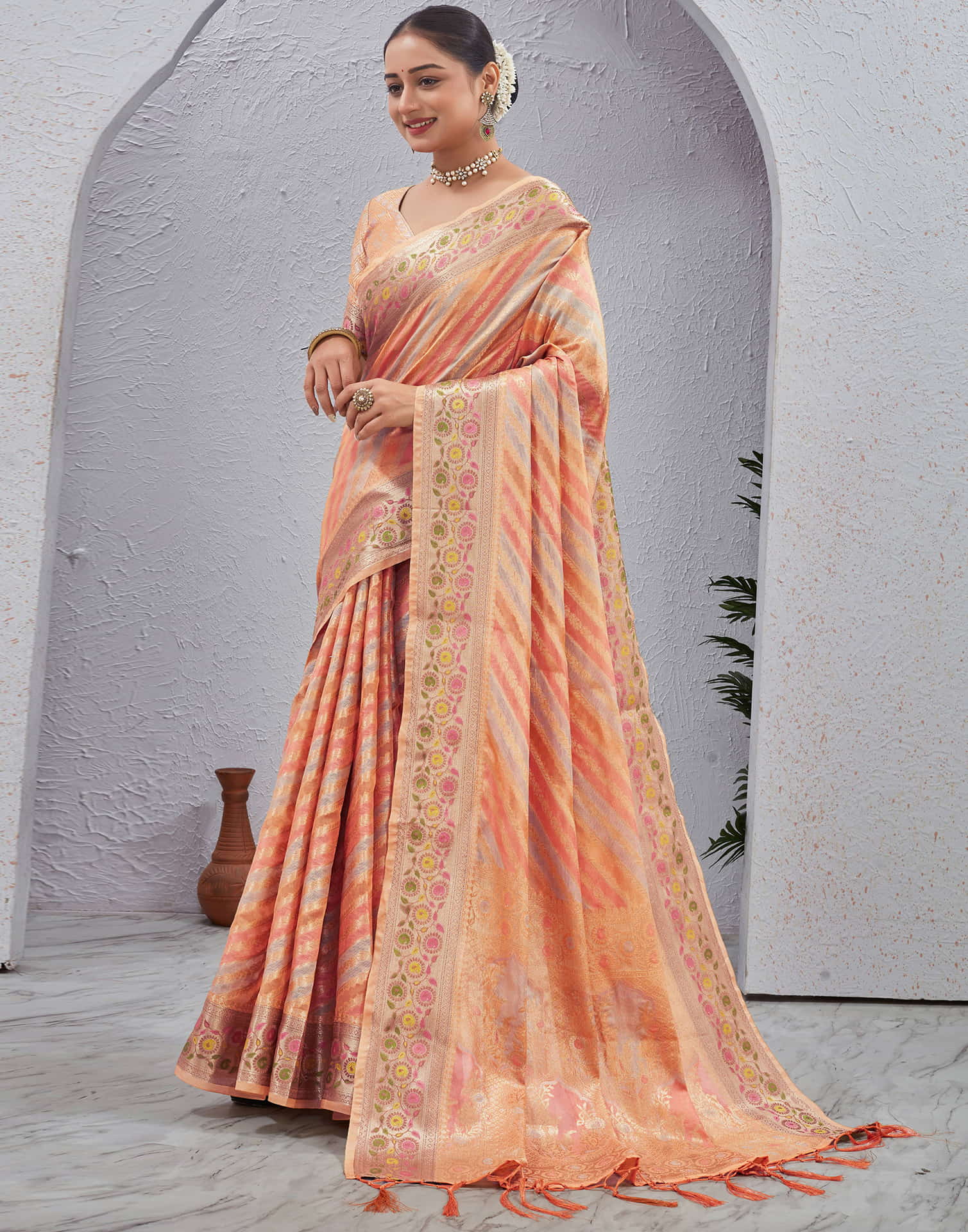 Peach Silk Woven Banarasi Saree