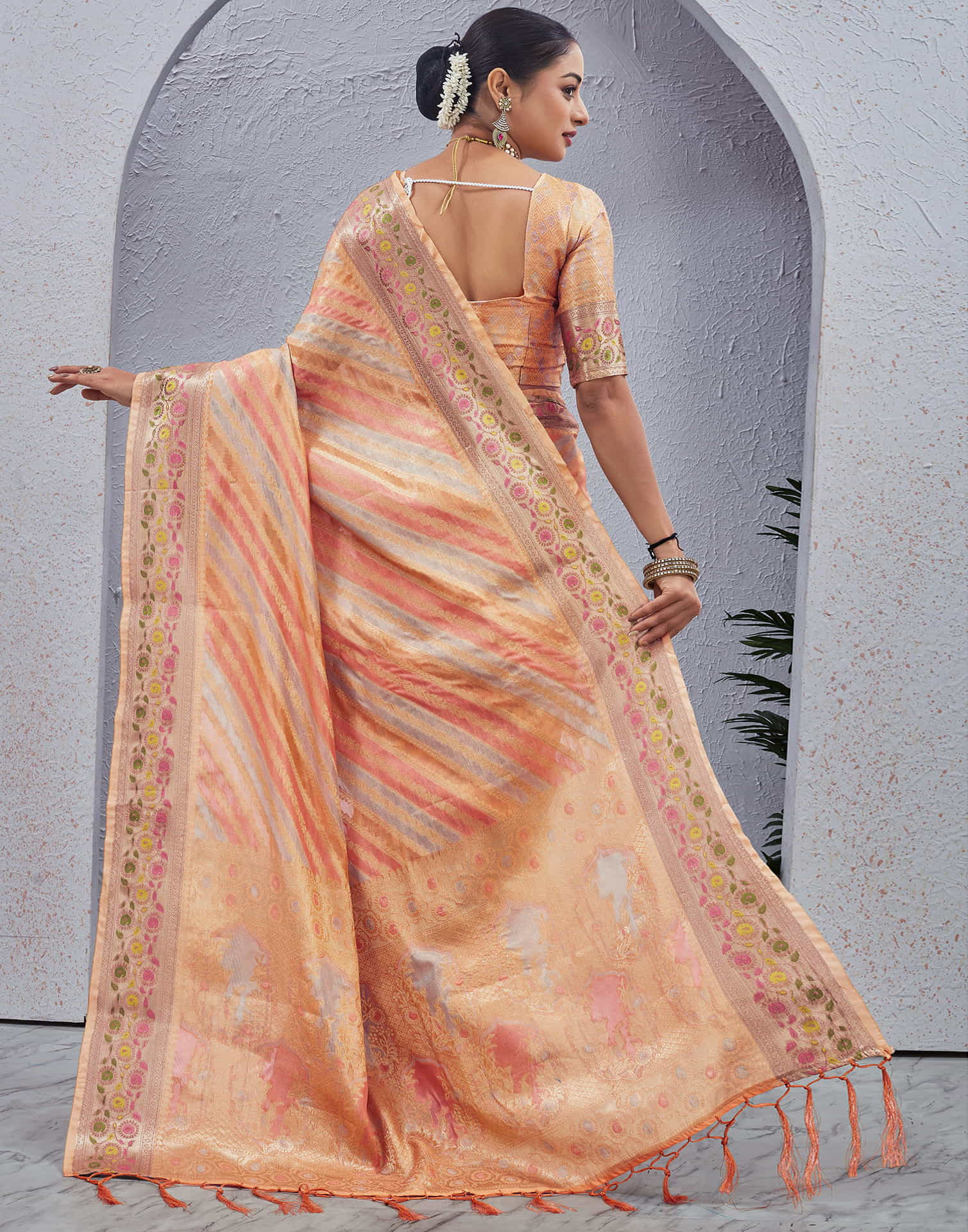 Peach Silk Woven Banarasi Saree
