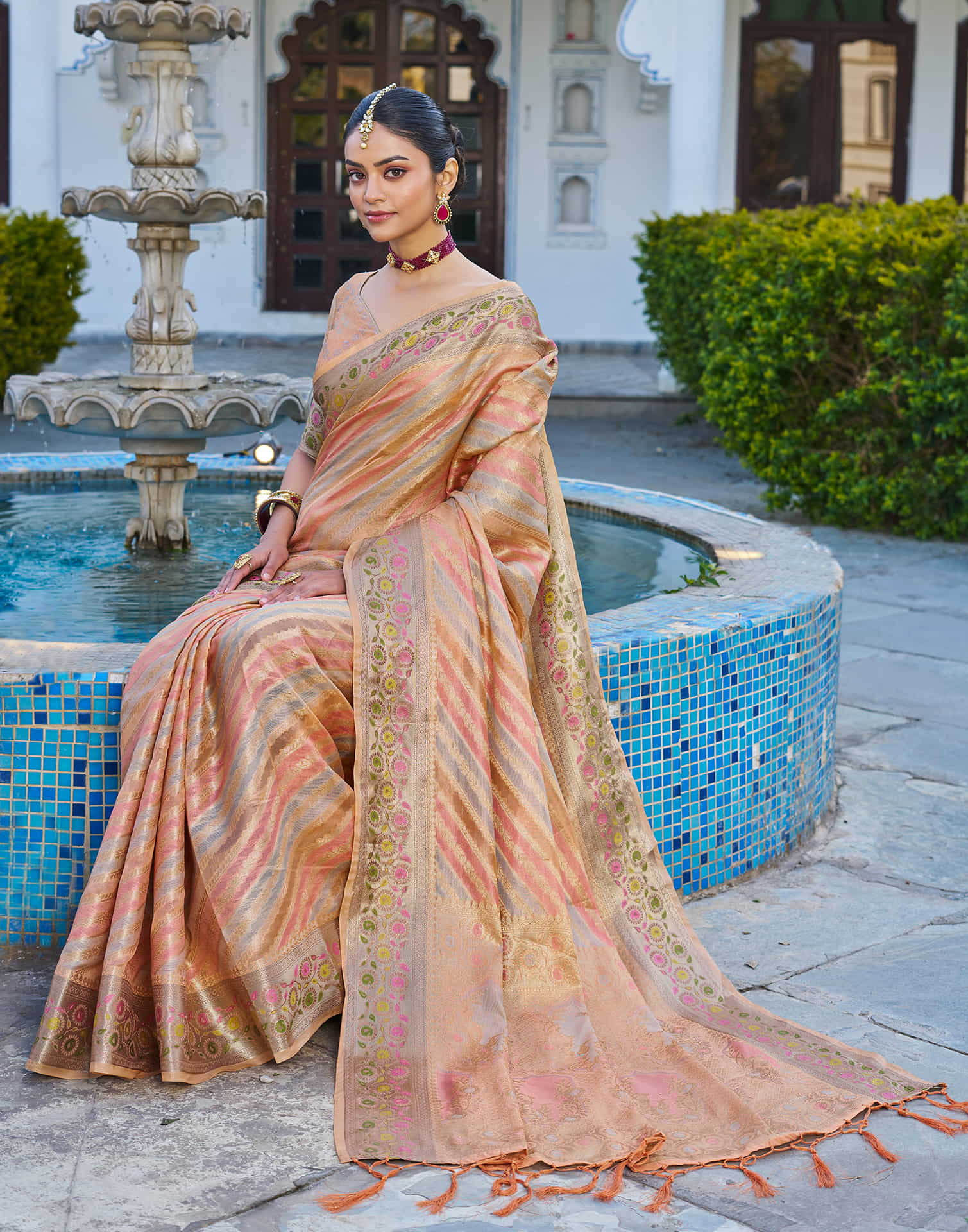Peach Silk Woven Banarasi Saree
