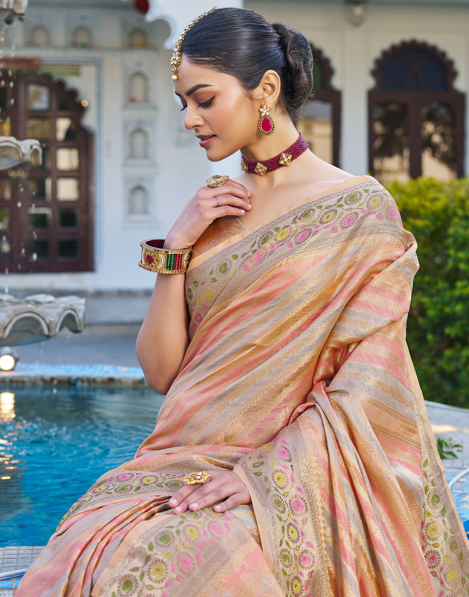 Peach Silk Woven Banarasi Saree