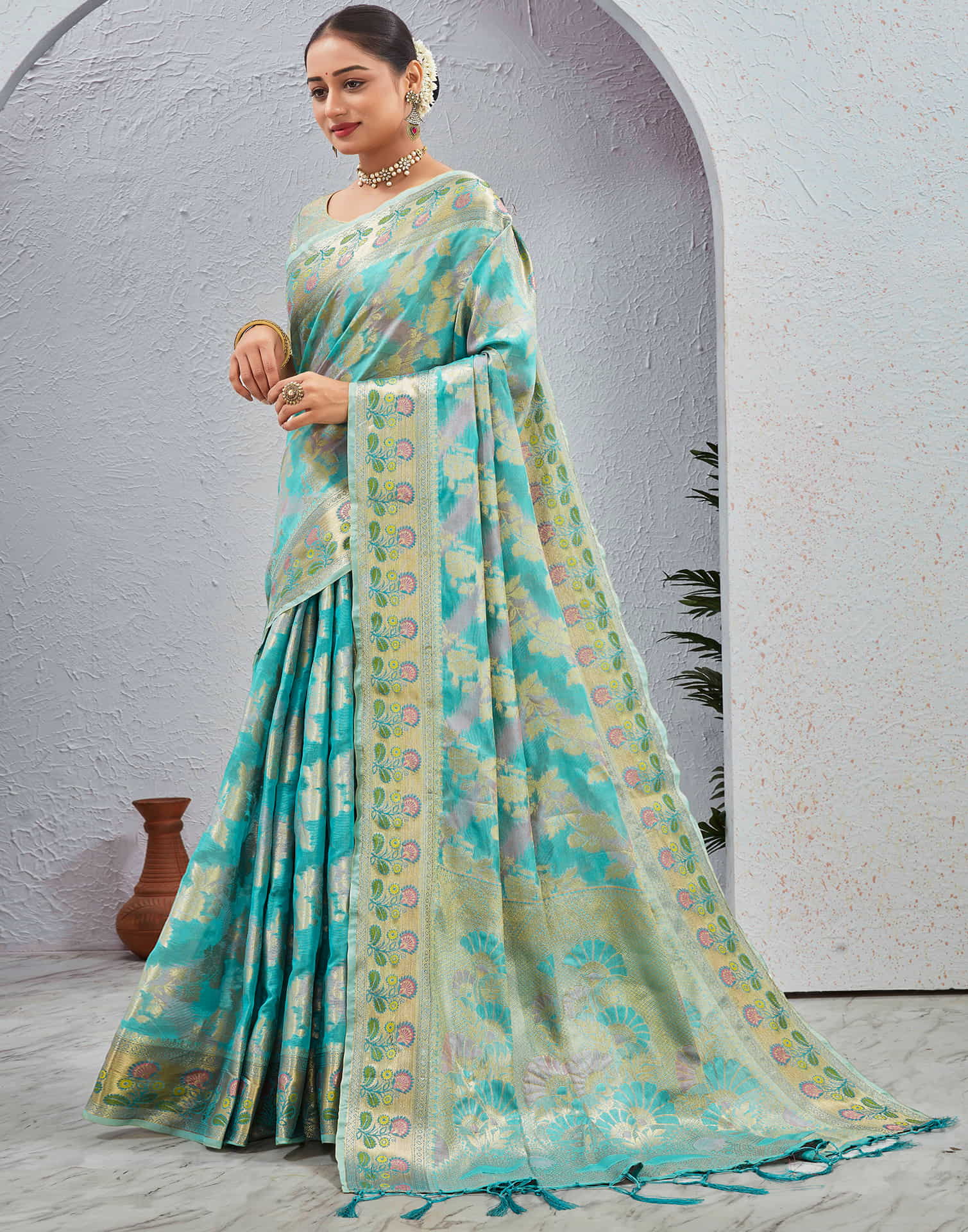 Turquoise Silk Woven Banarasi Saree