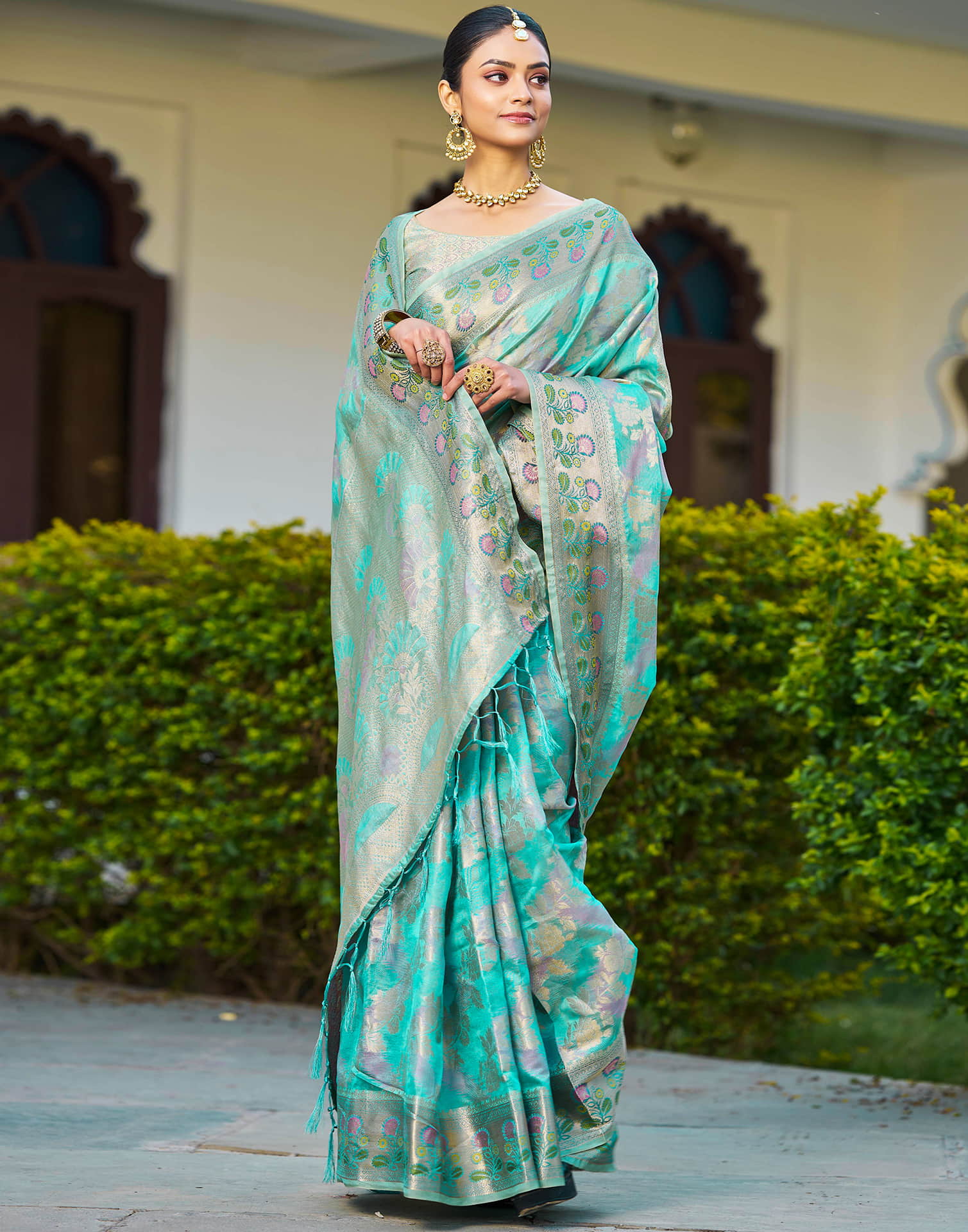 Turquoise Silk Woven Banarasi Saree