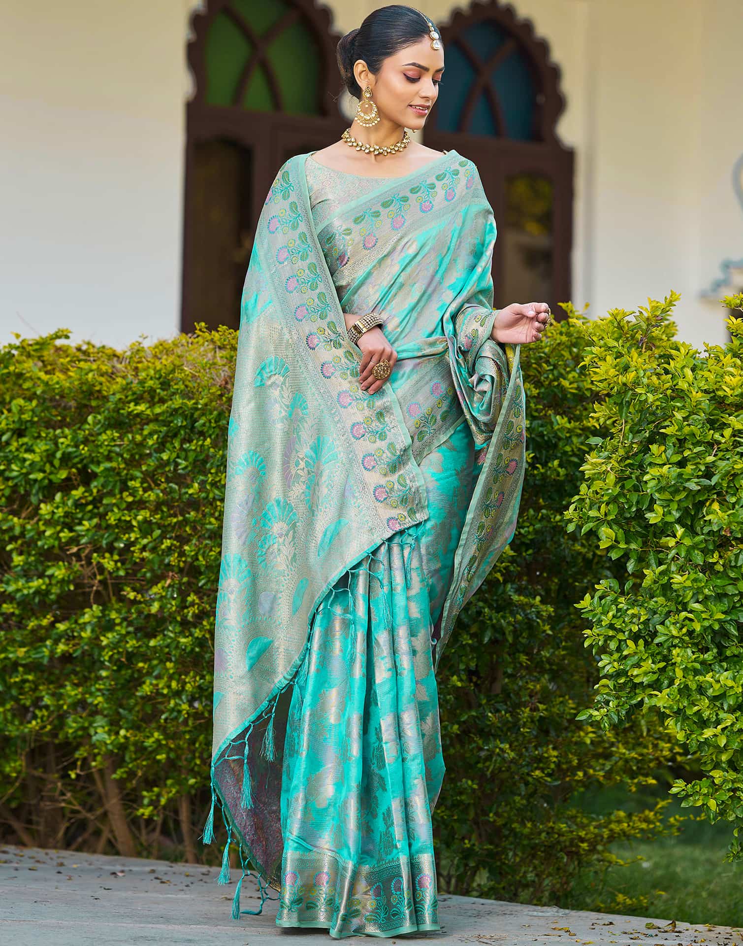 Turquoise Silk Woven Banarasi Saree