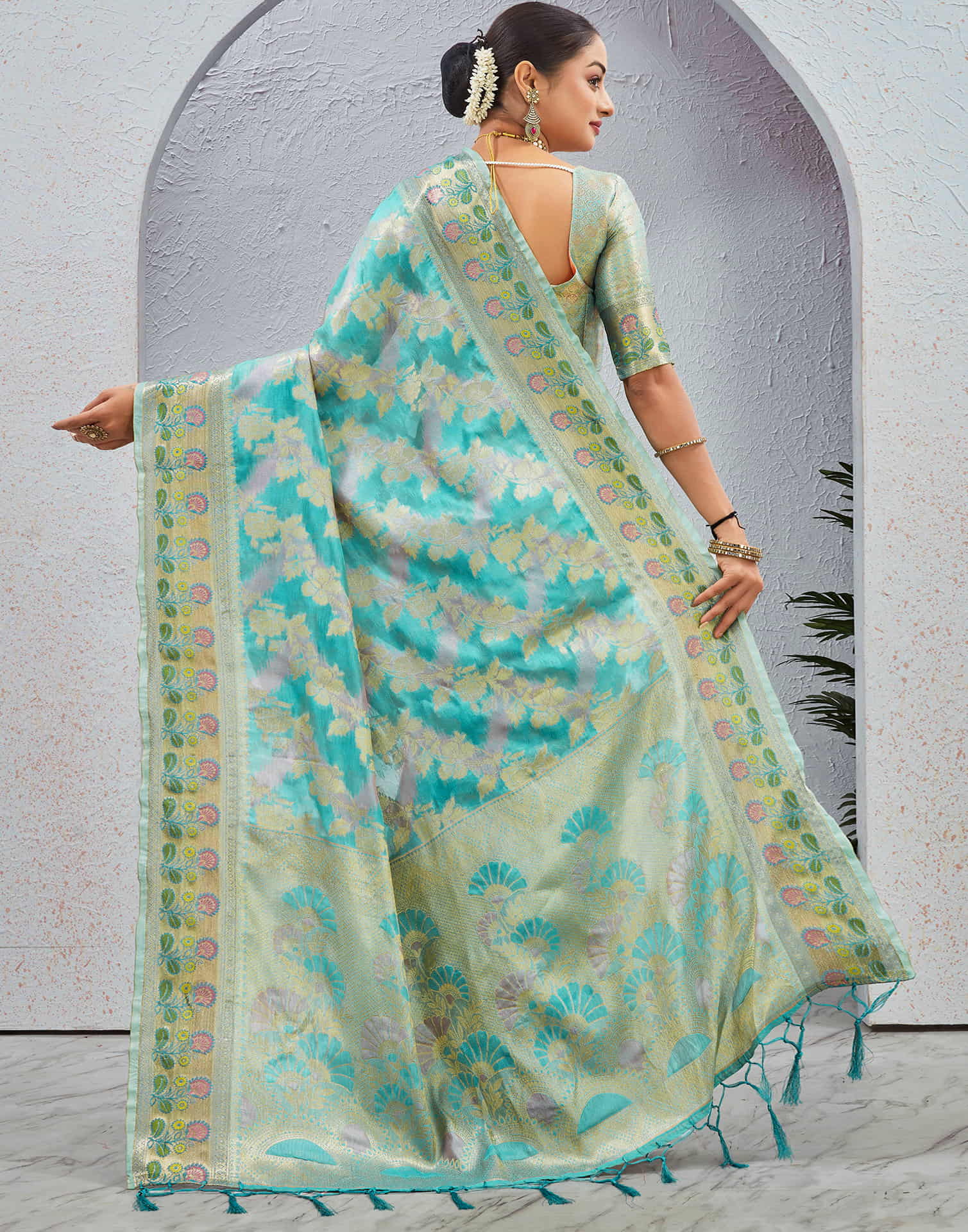 Turquoise Silk Woven Banarasi Saree