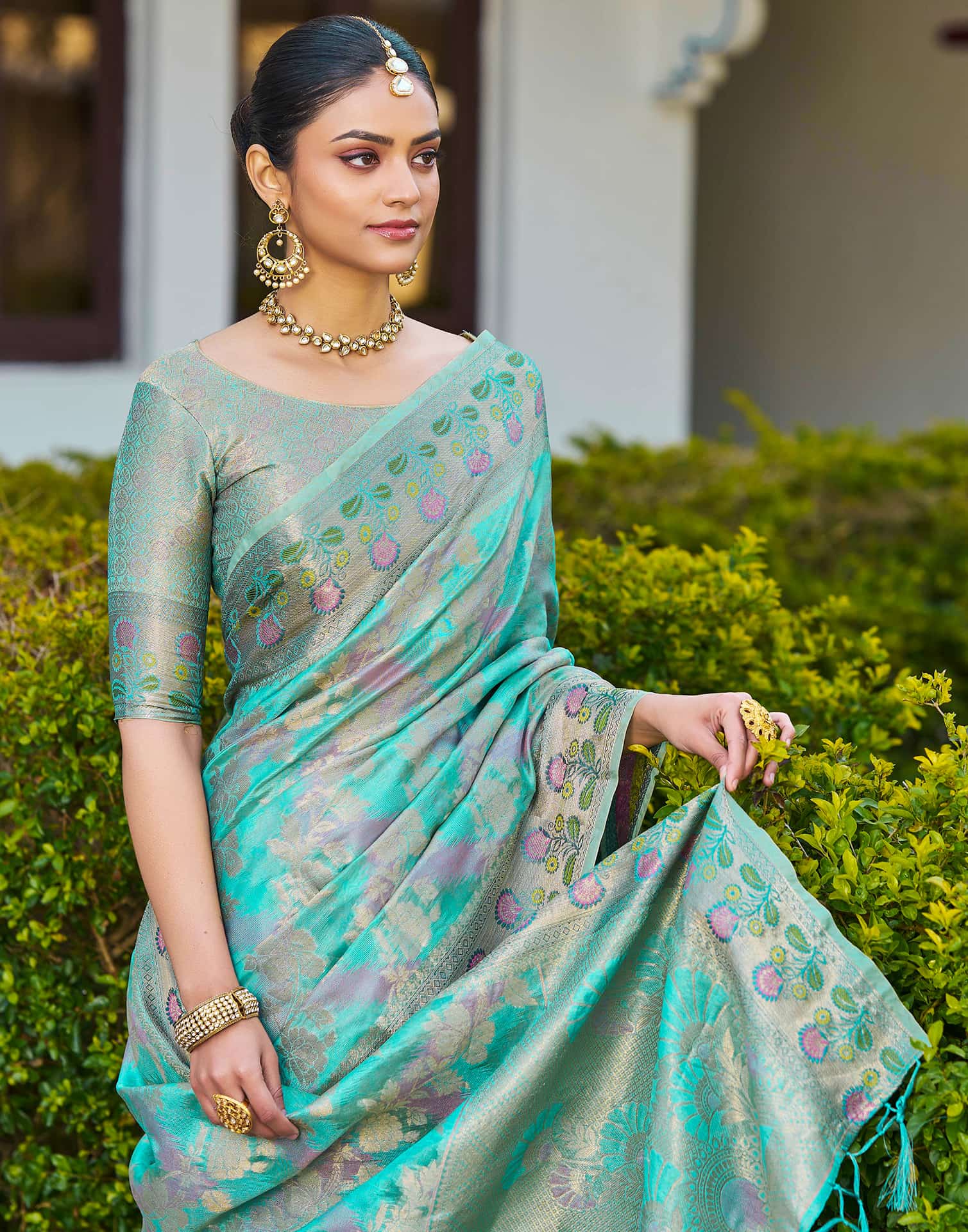 Turquoise Silk Woven Banarasi Saree