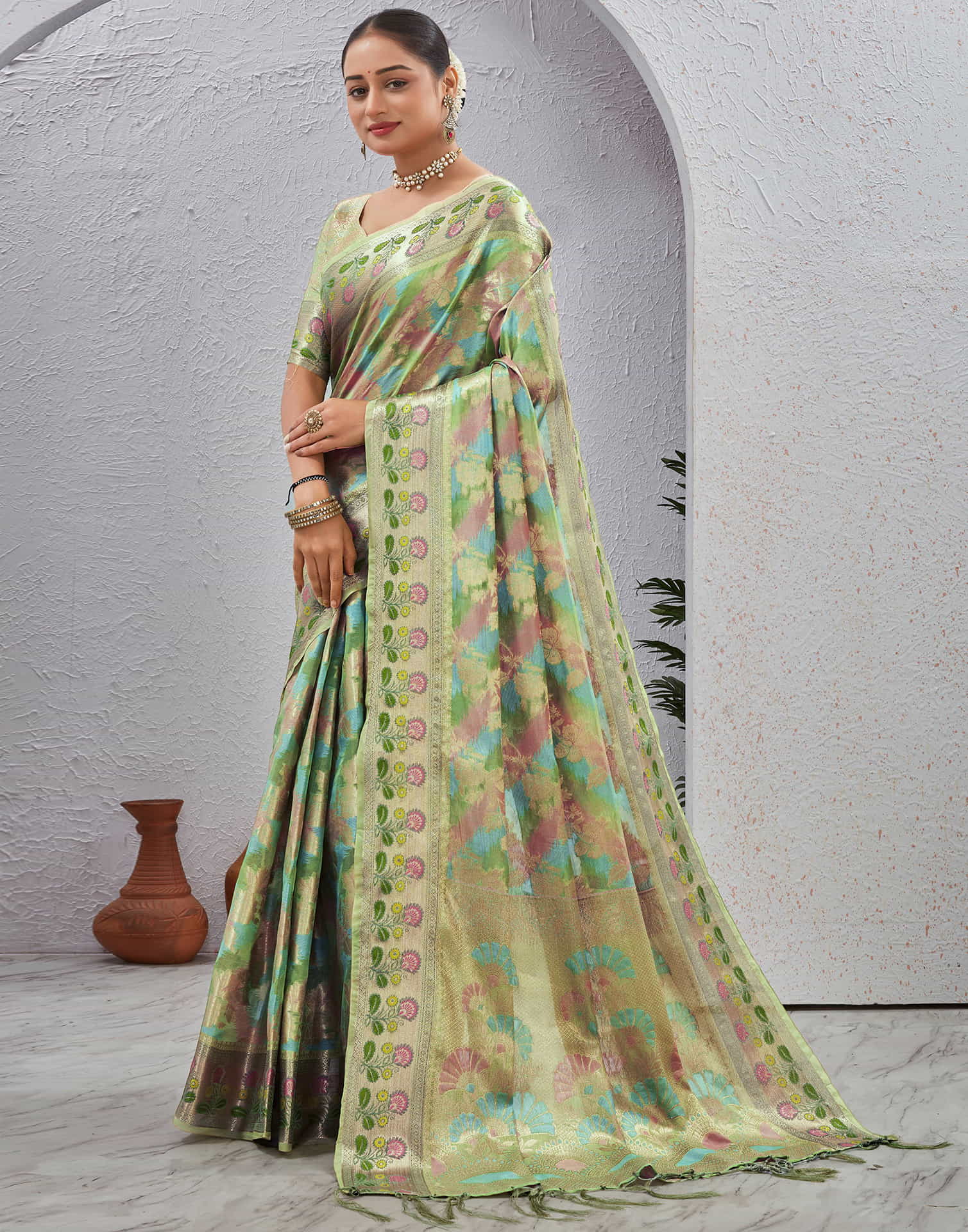 Pista Green Silk Woven Banarasi Saree