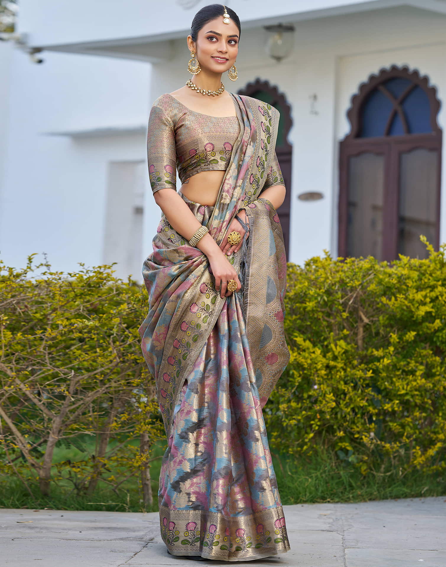 Grey Silk Woven Banarasi Saree