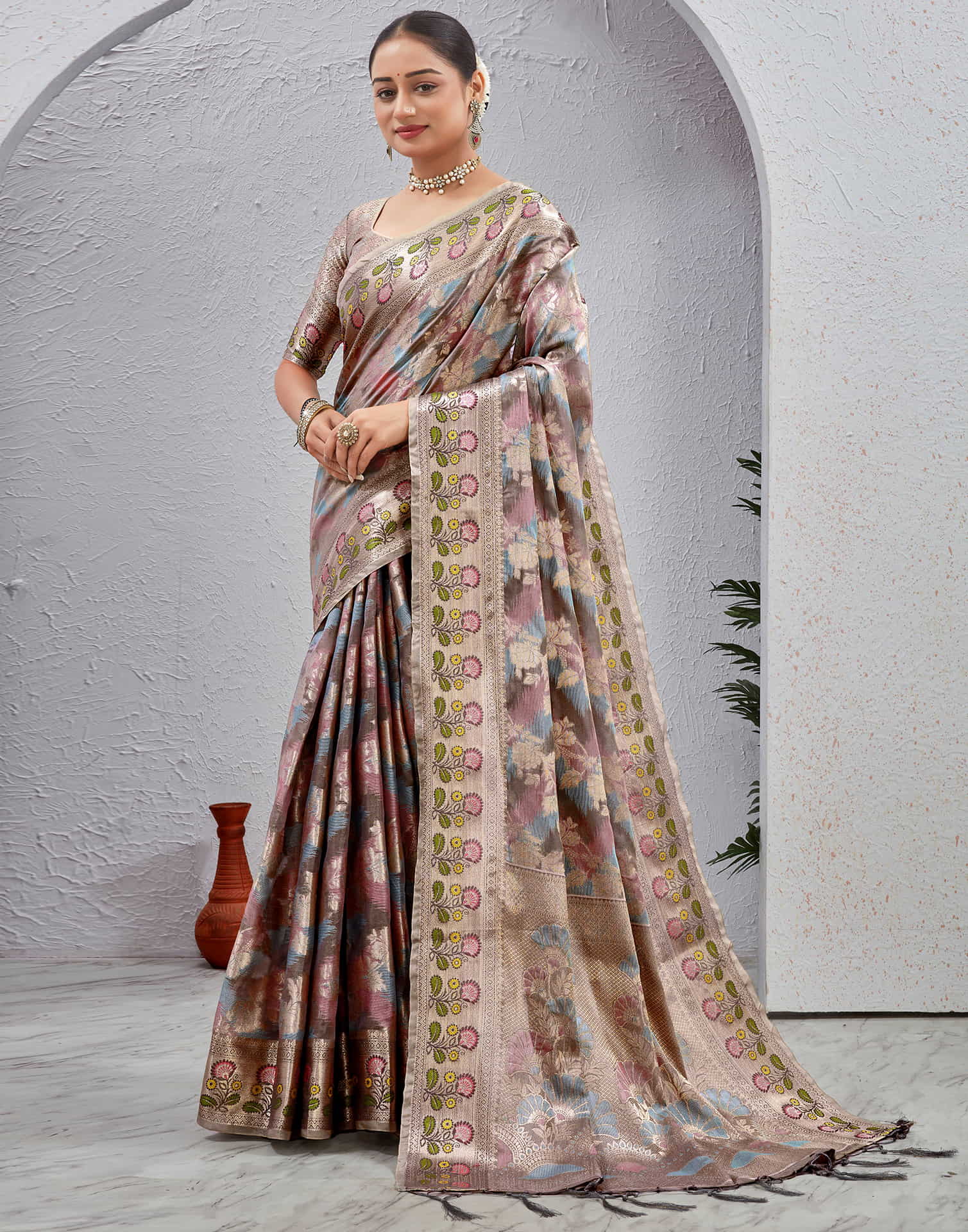 Grey Silk Woven Banarasi Saree