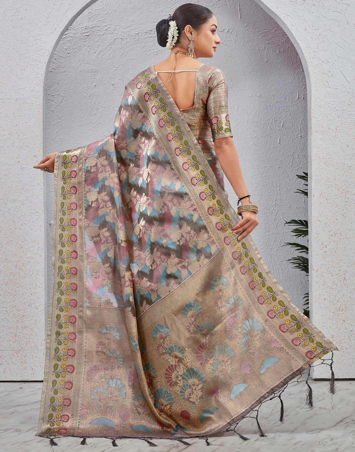 Grey Silk Woven Banarasi Saree