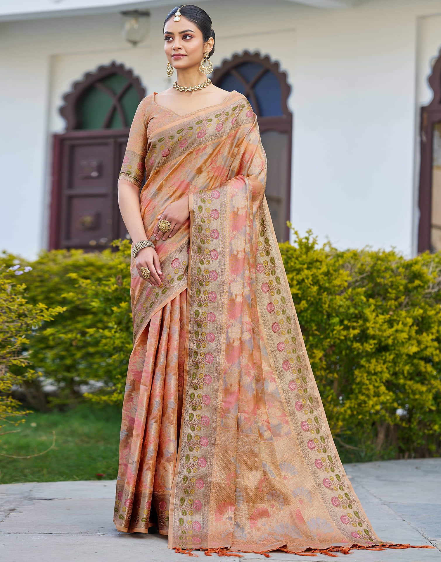 Peach Silk Woven Banarasi Saree
