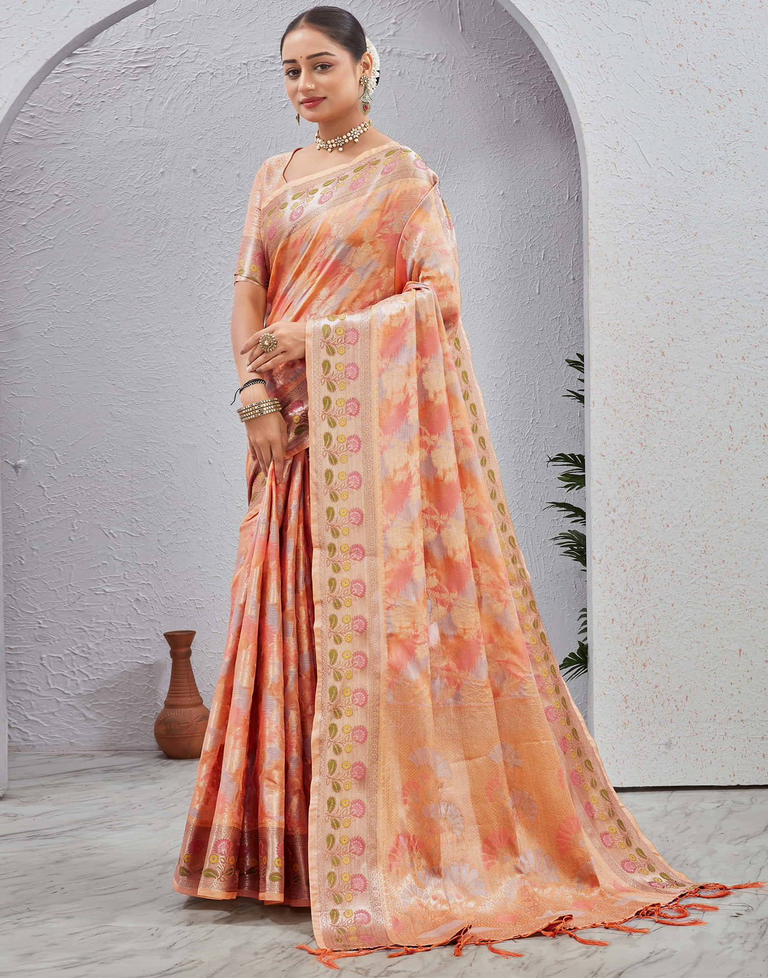 Peach Silk Woven Banarasi Saree