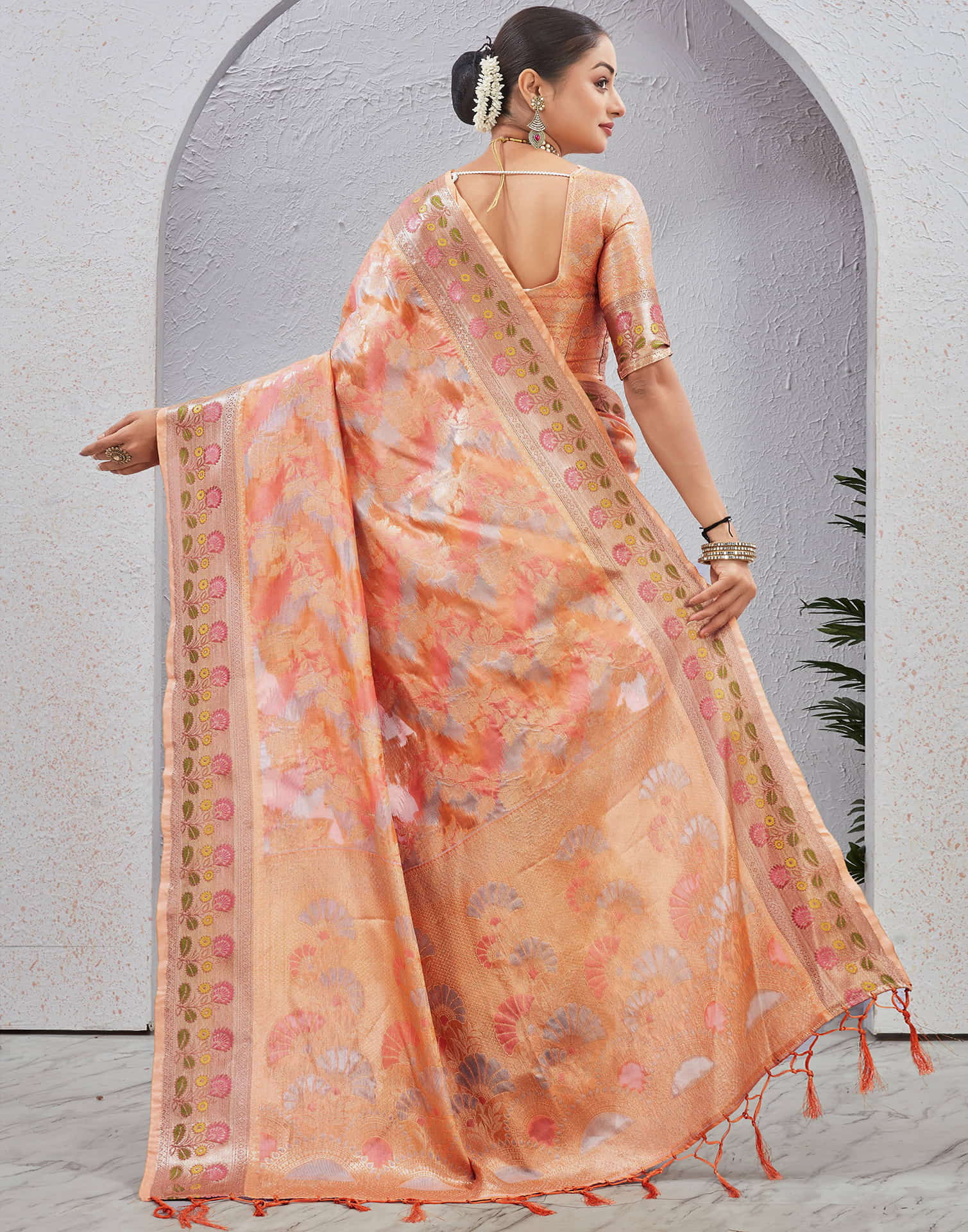 Peach Silk Woven Banarasi Saree