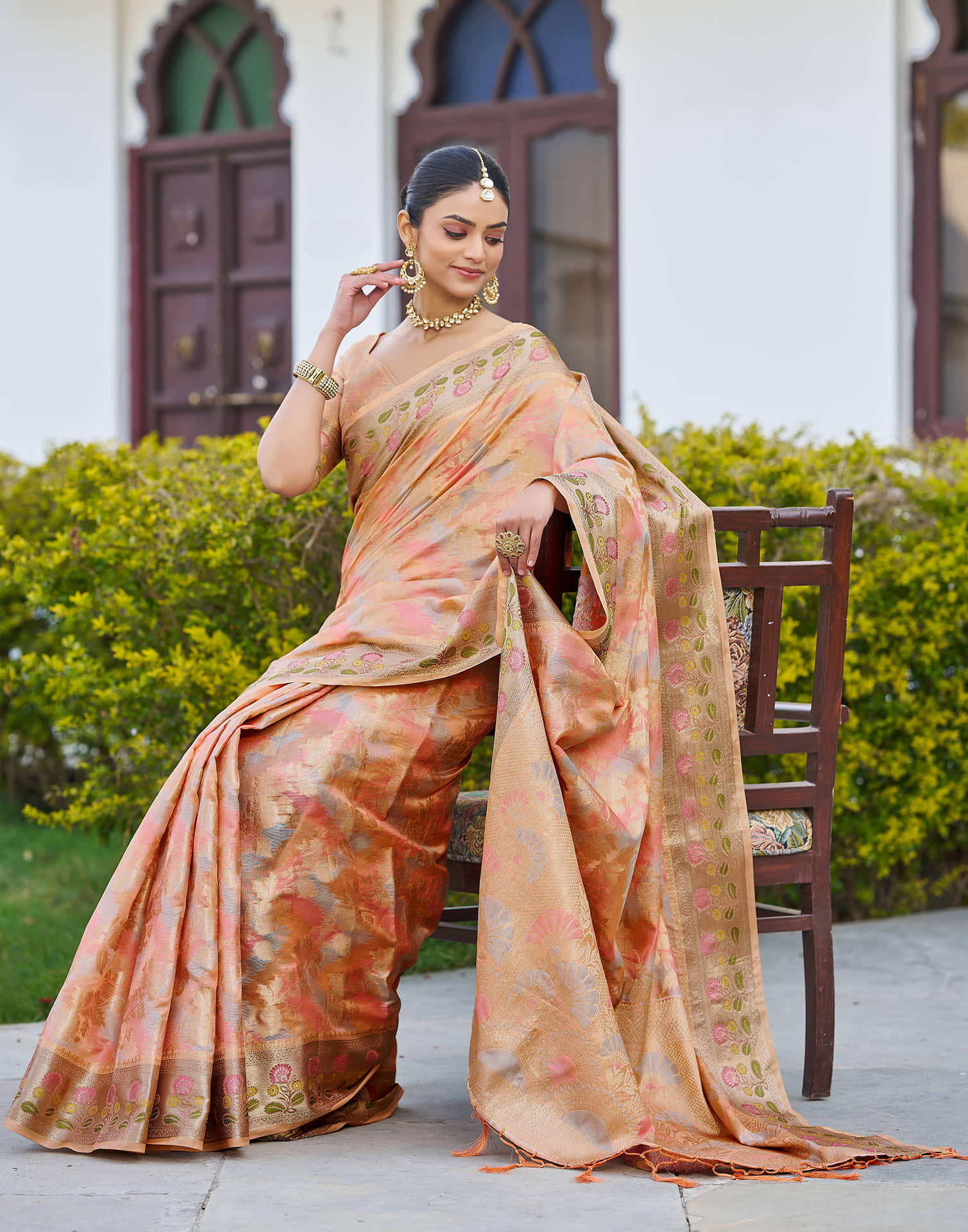 Peach Silk Woven Banarasi Saree