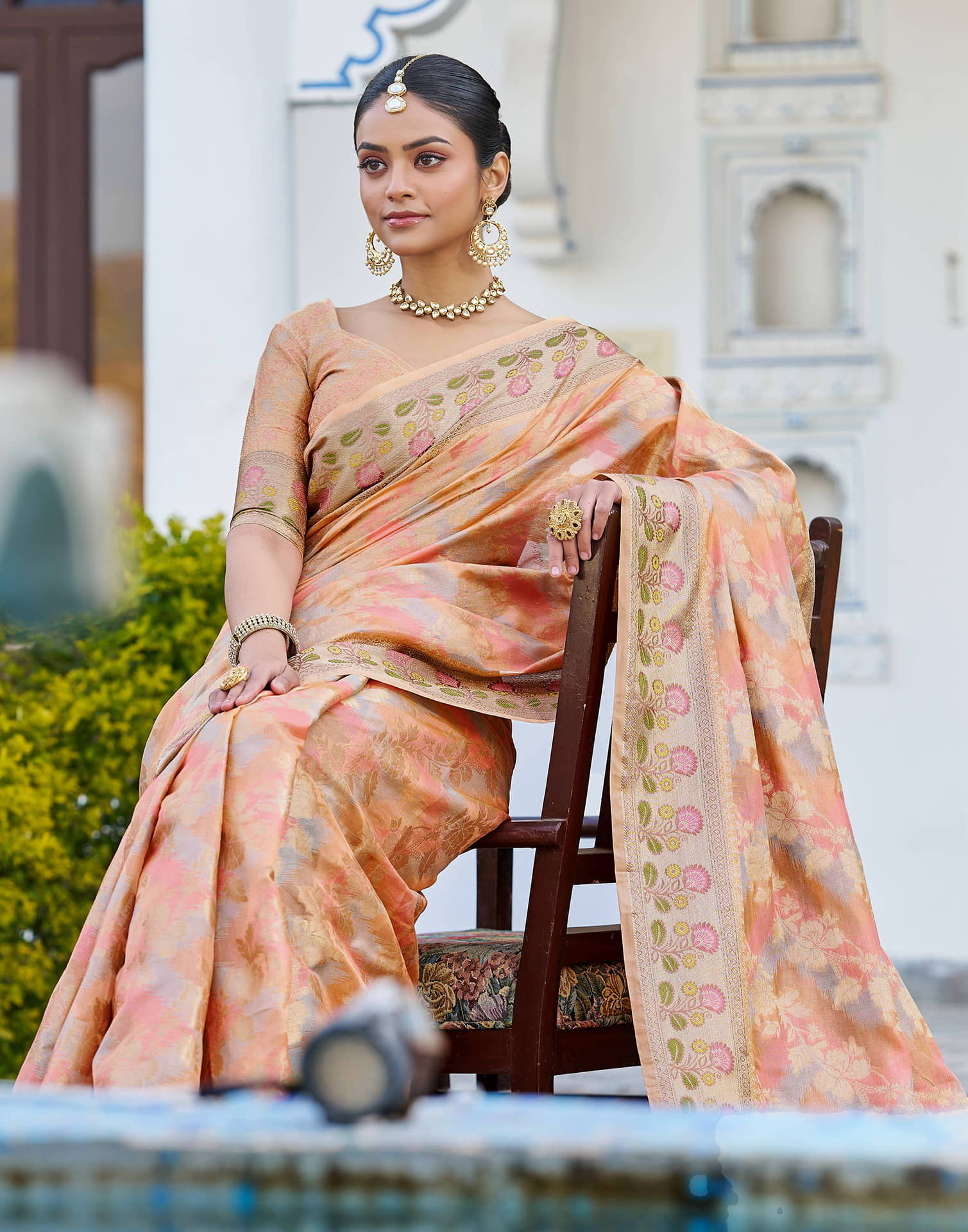 Peach Silk Woven Banarasi Saree