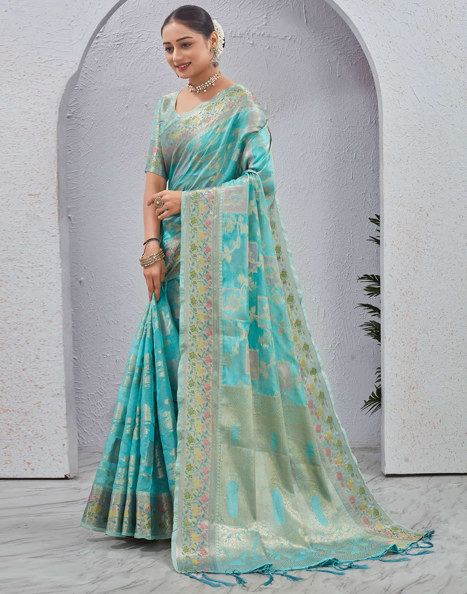 Turquoise Silk Woven Banarasi Saree