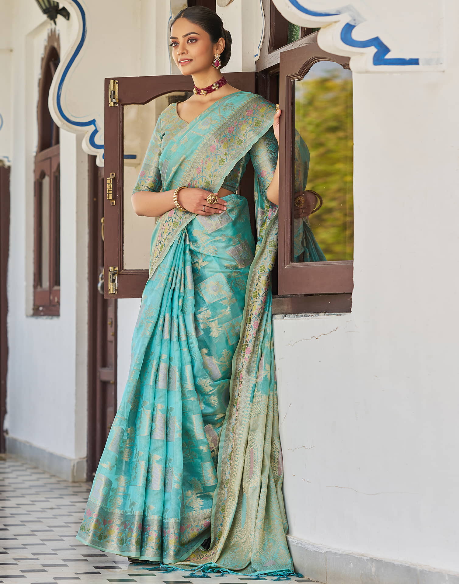 Turquoise Silk Woven Banarasi Saree