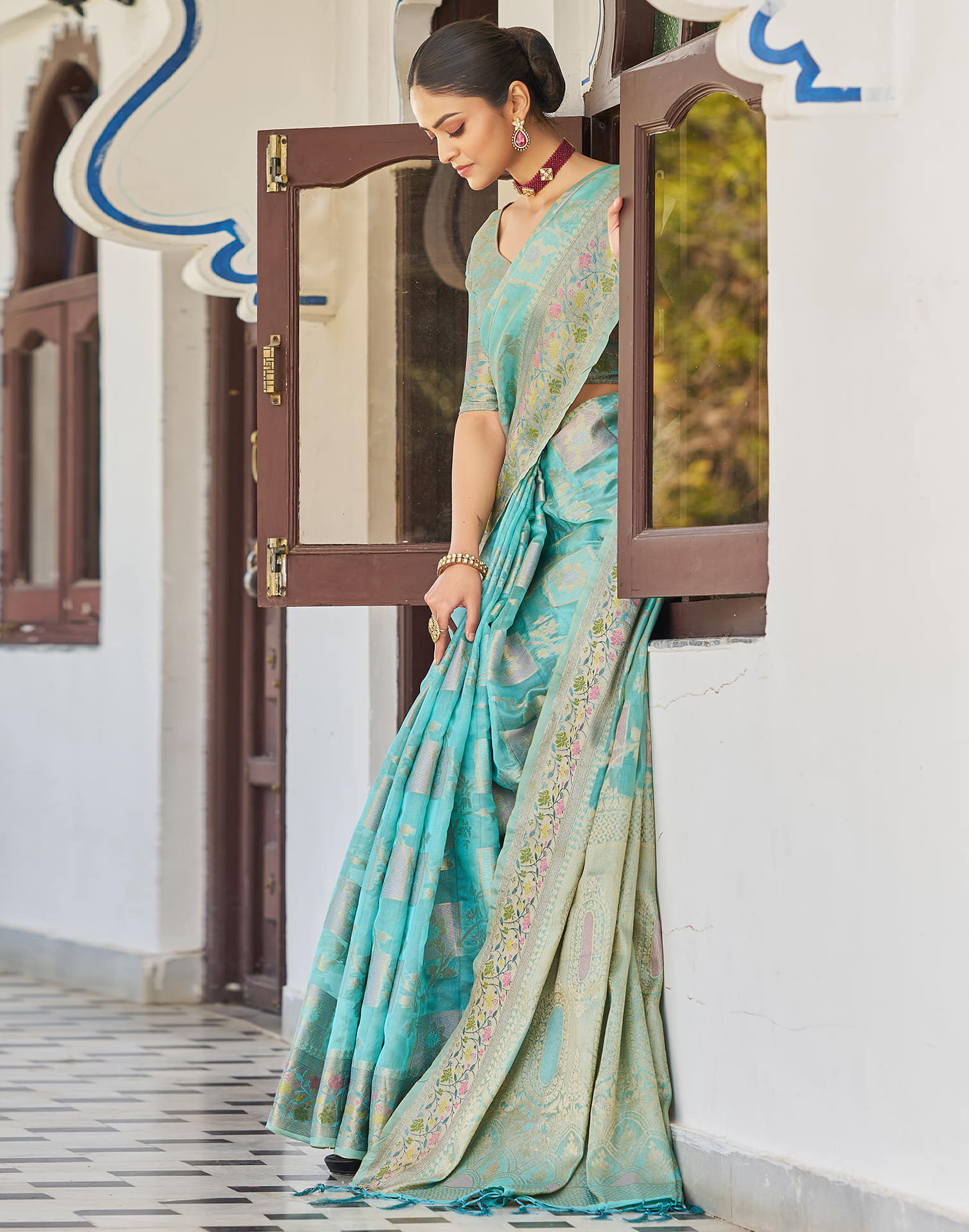 Turquoise Silk Woven Banarasi Saree