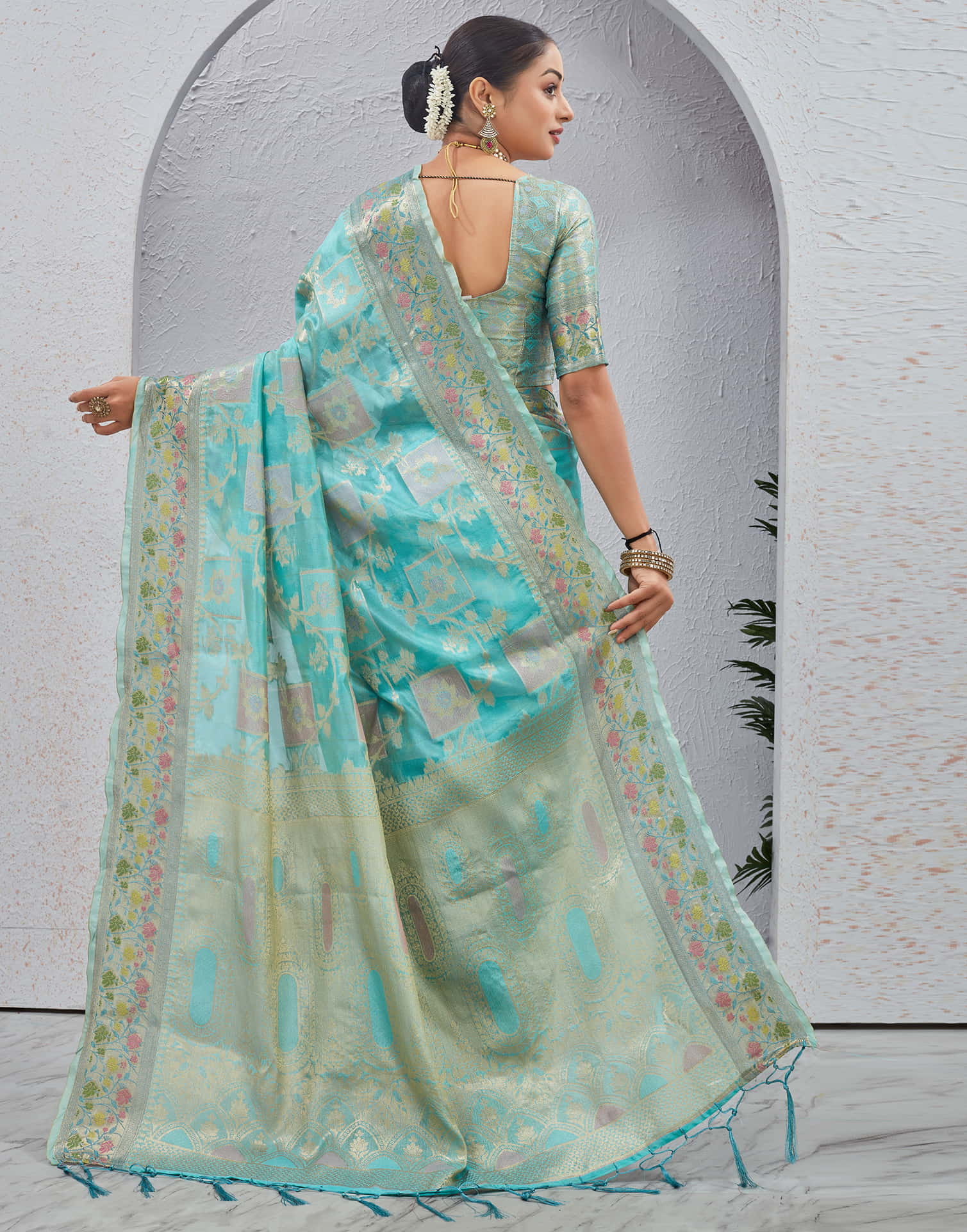 Turquoise Silk Woven Banarasi Saree