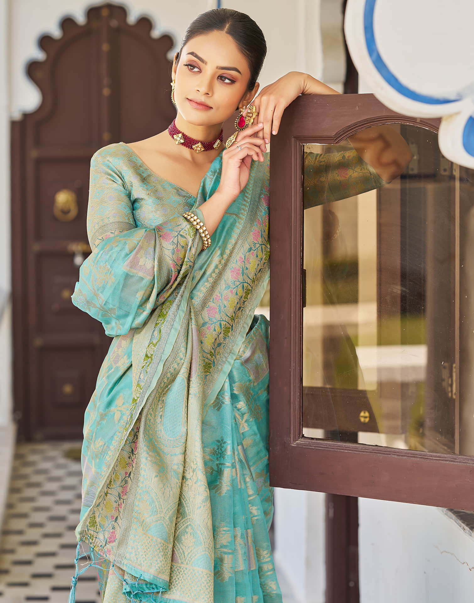 Turquoise Silk Woven Banarasi Saree