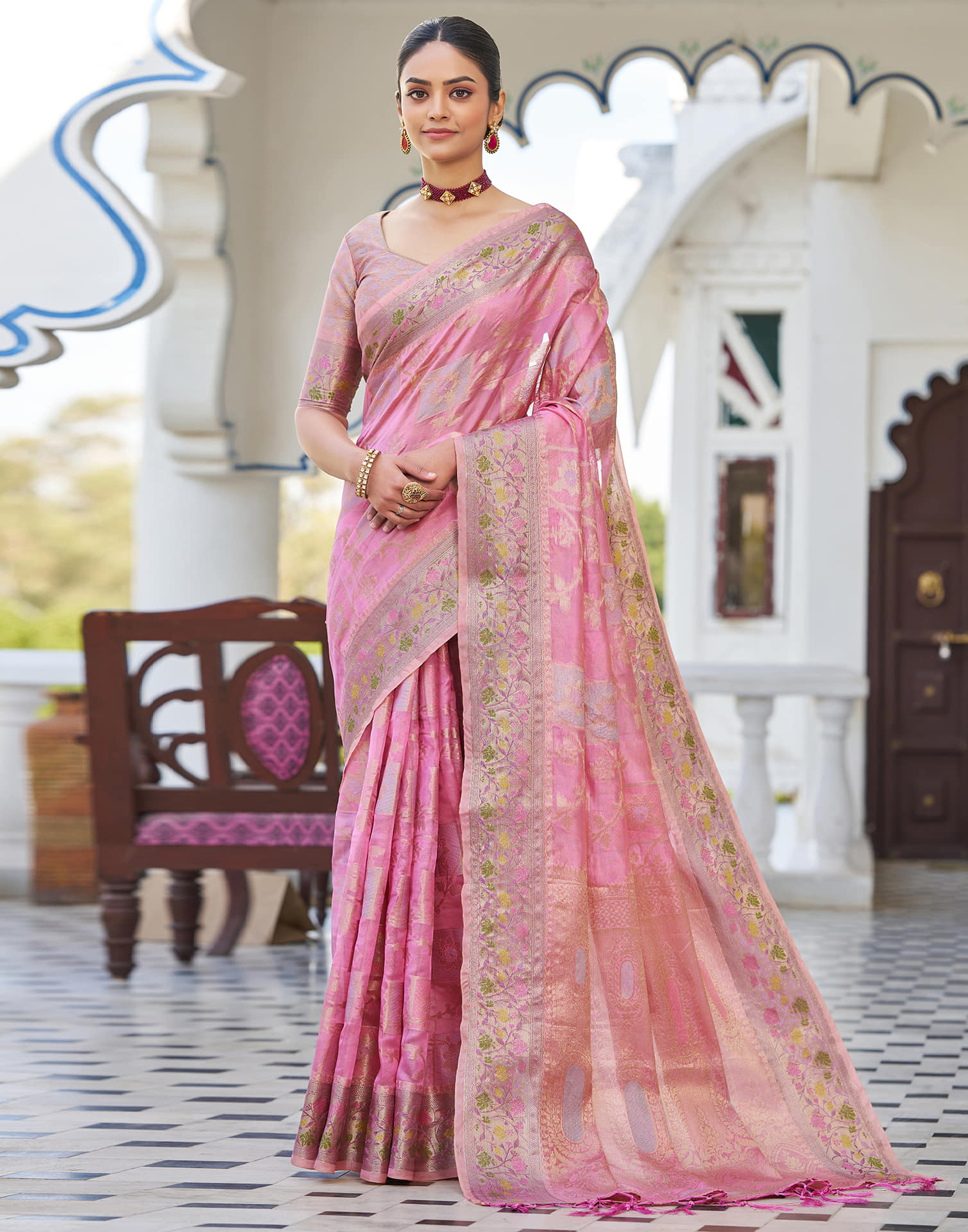 Pink Silk Woven Banarasi Saree
