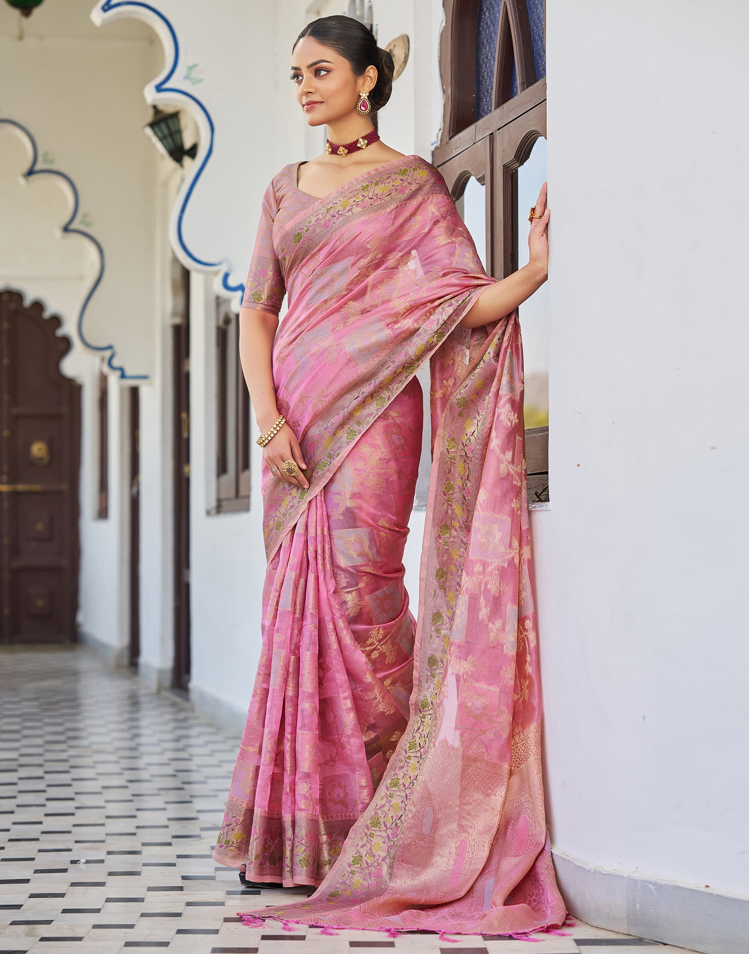 Pink Silk Woven Banarasi Saree