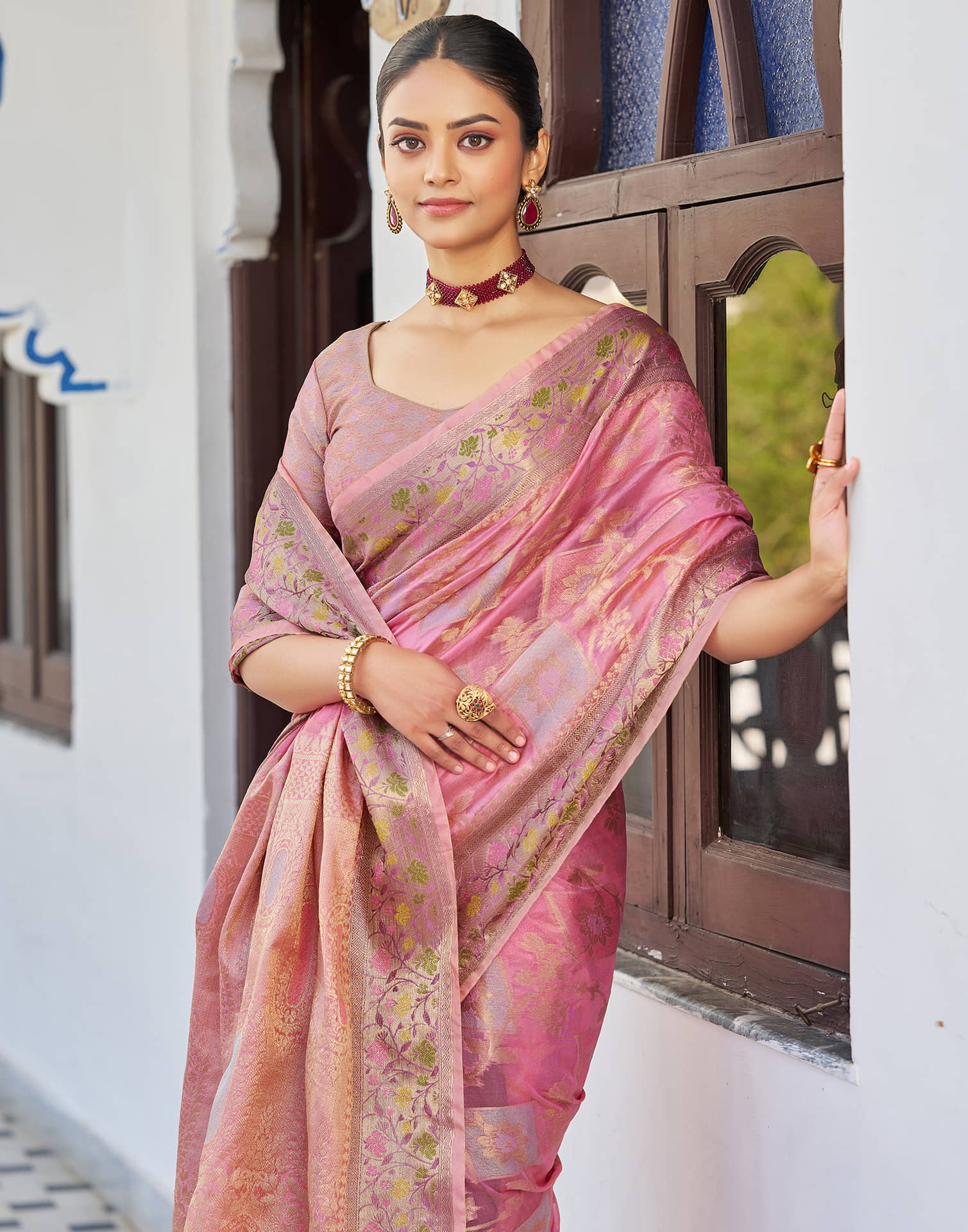 Pink Silk Woven Banarasi Saree