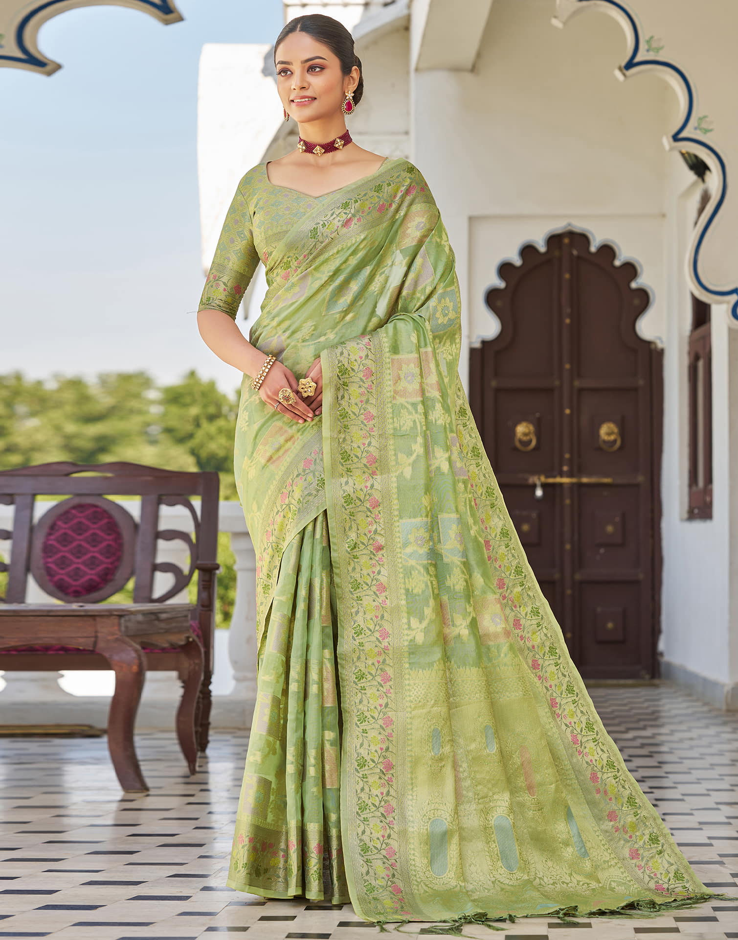 Pista Green Silk Woven Banarasi Saree