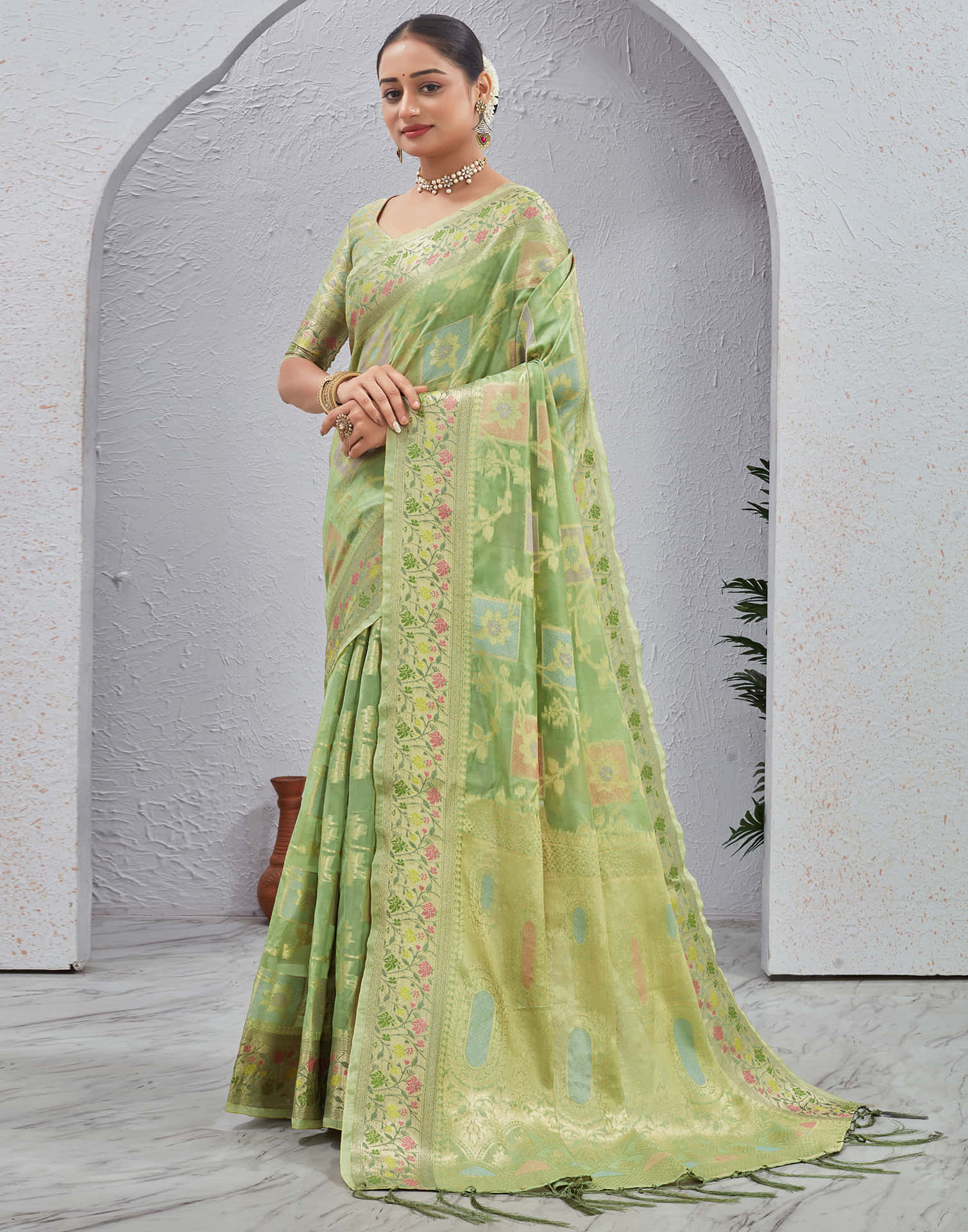 Pista Green Silk Woven Banarasi Saree