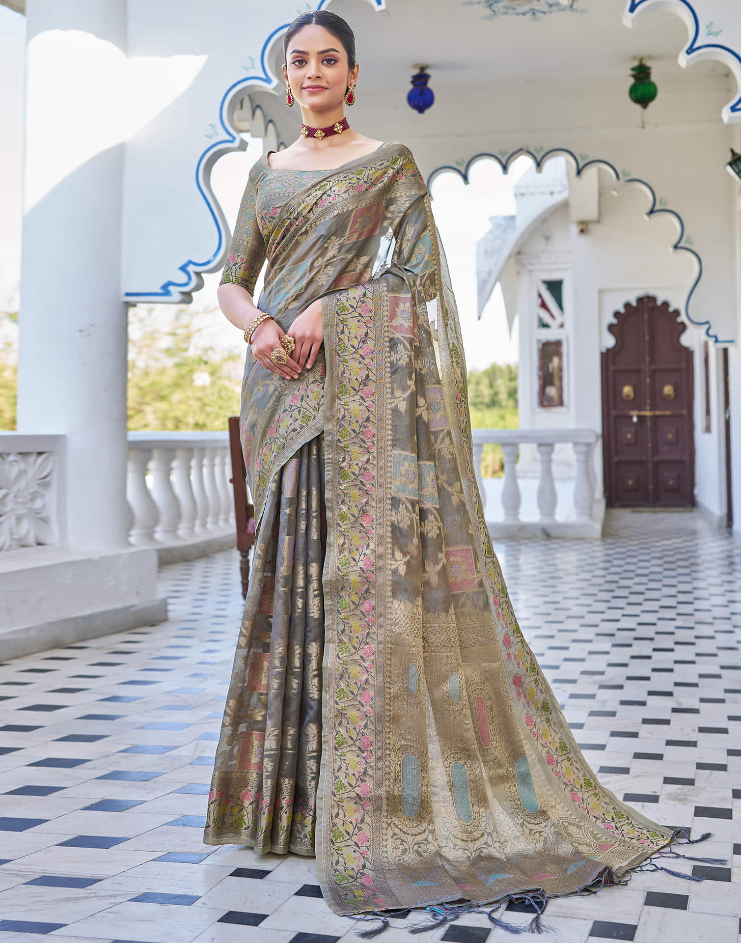 Grey Silk Woven Banarasi Saree