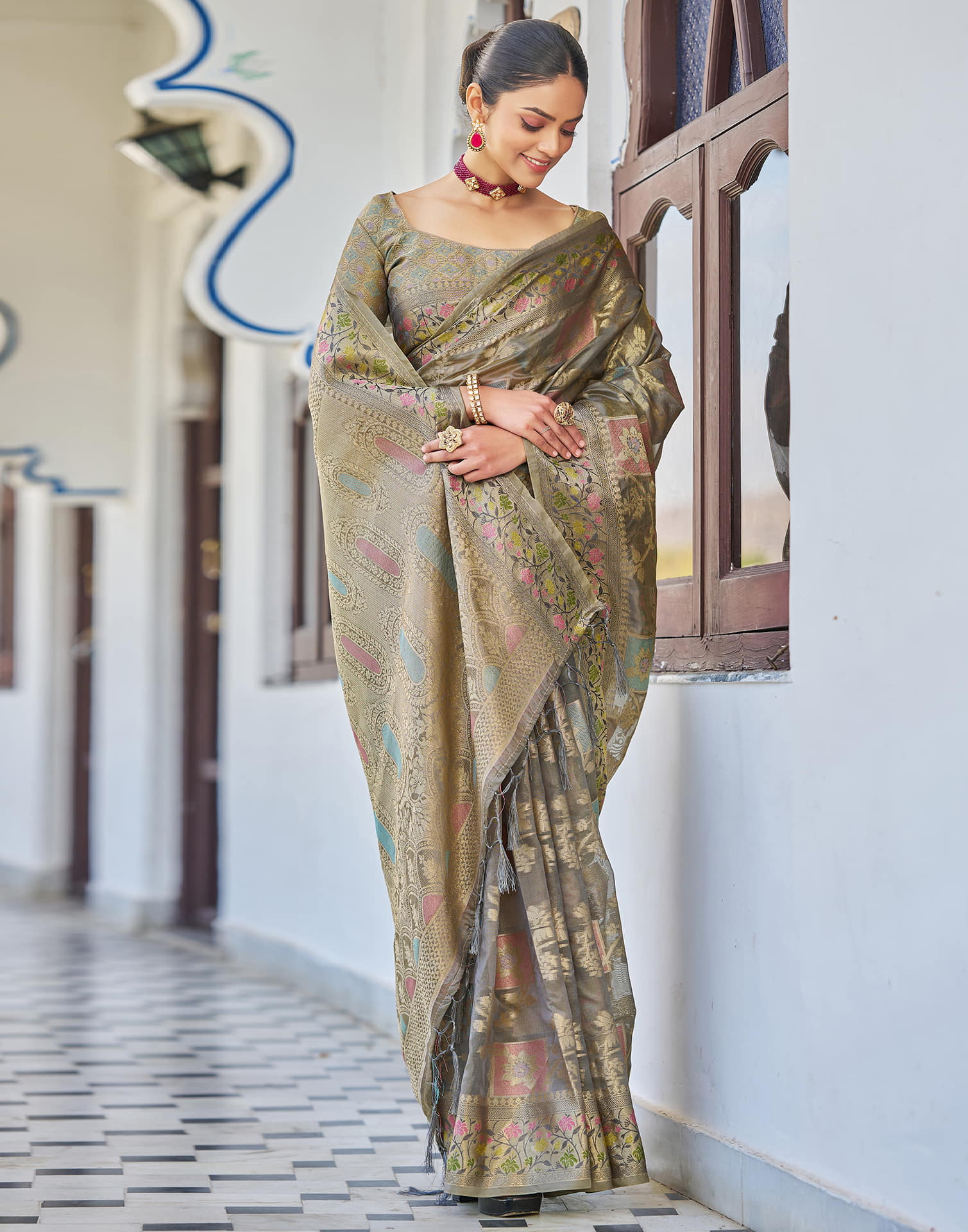 Grey Silk Woven Banarasi Saree