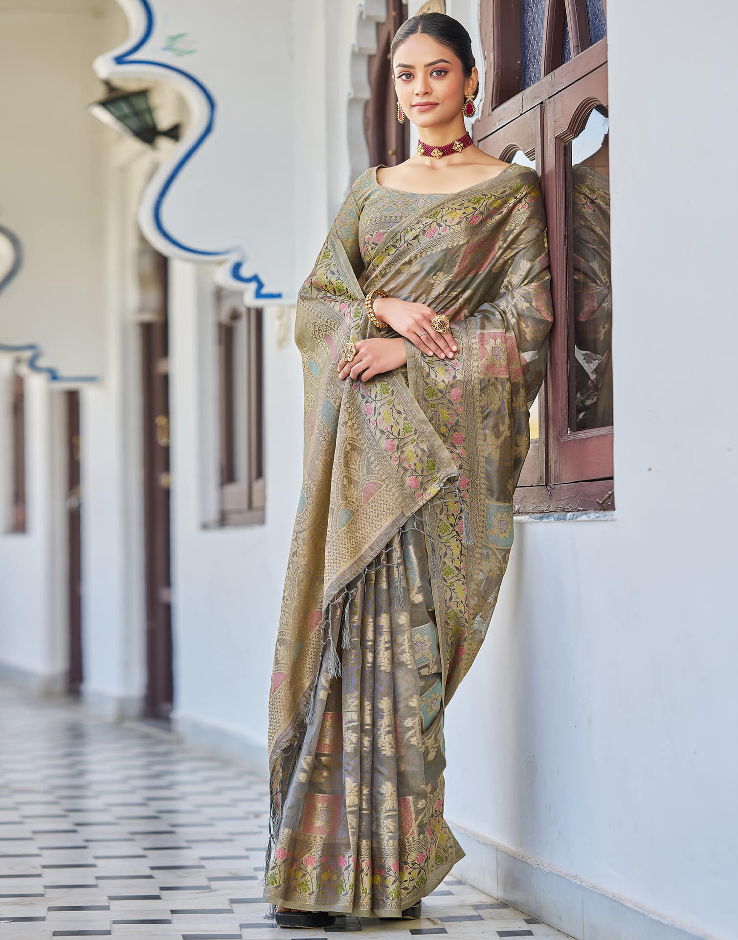 Grey Silk Woven Banarasi Saree