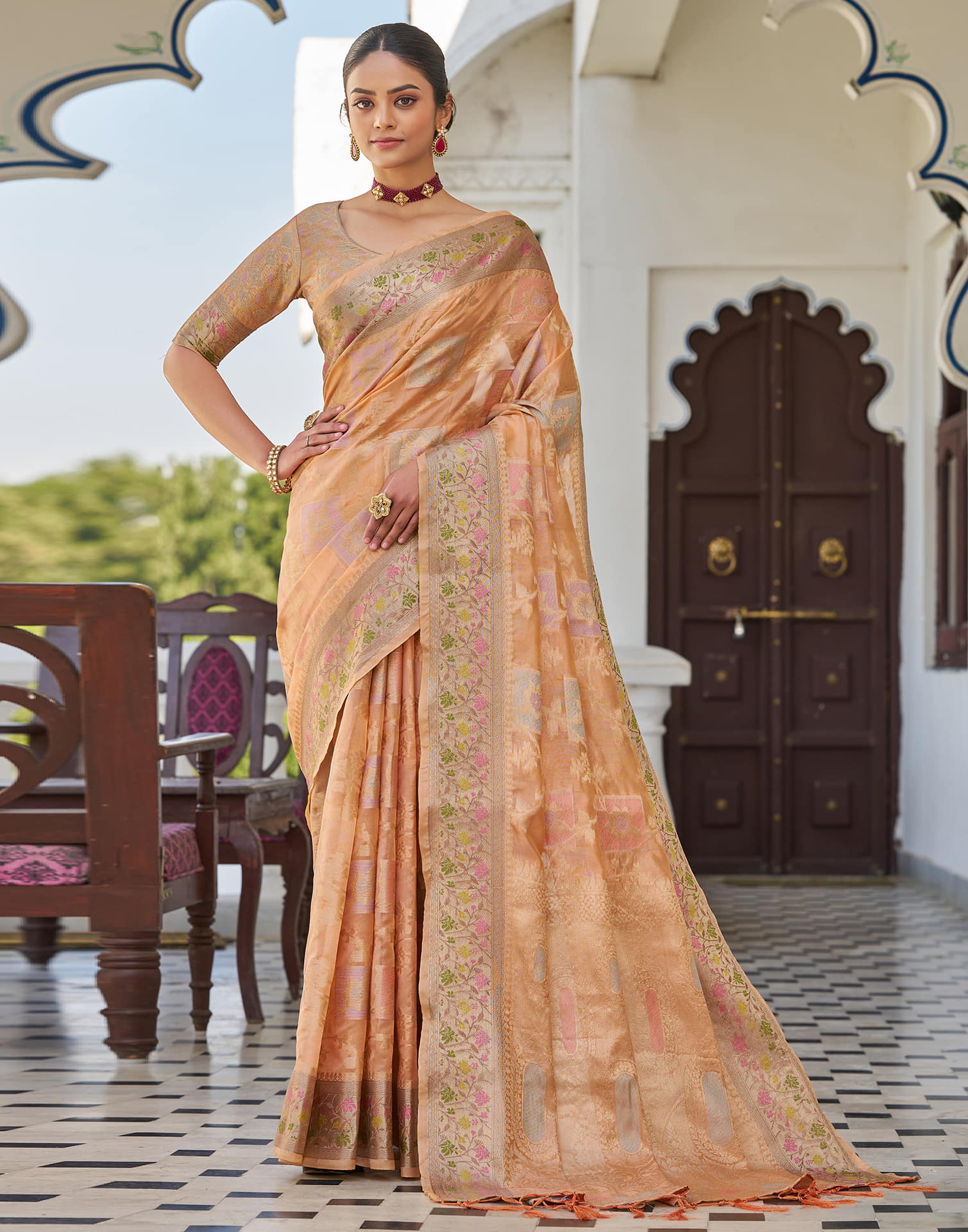 Peach Silk Woven Banarasi Saree