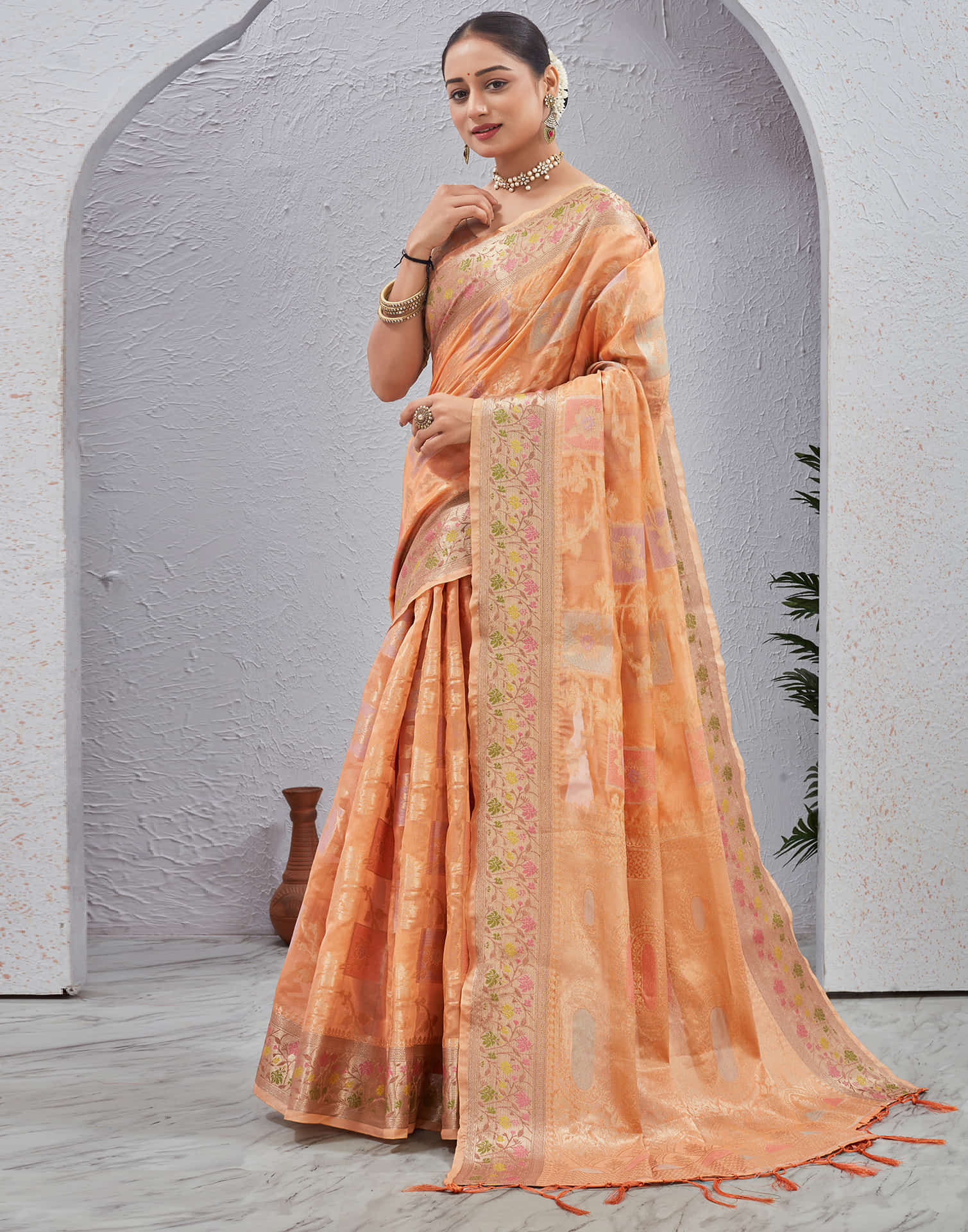 Peach Silk Woven Banarasi Saree