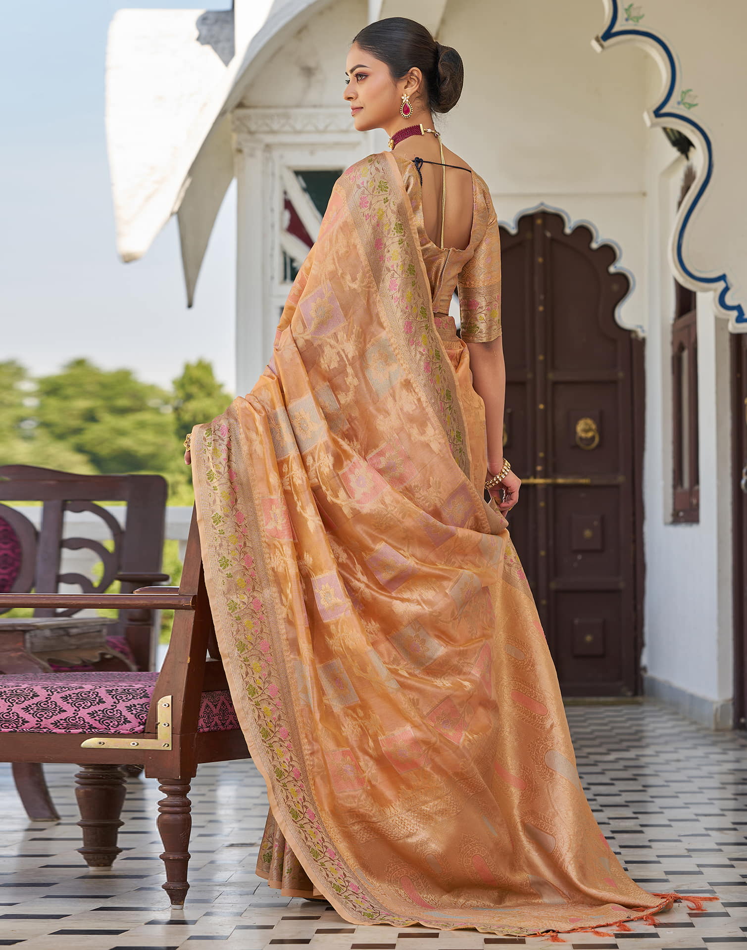 Peach Silk Woven Banarasi Saree