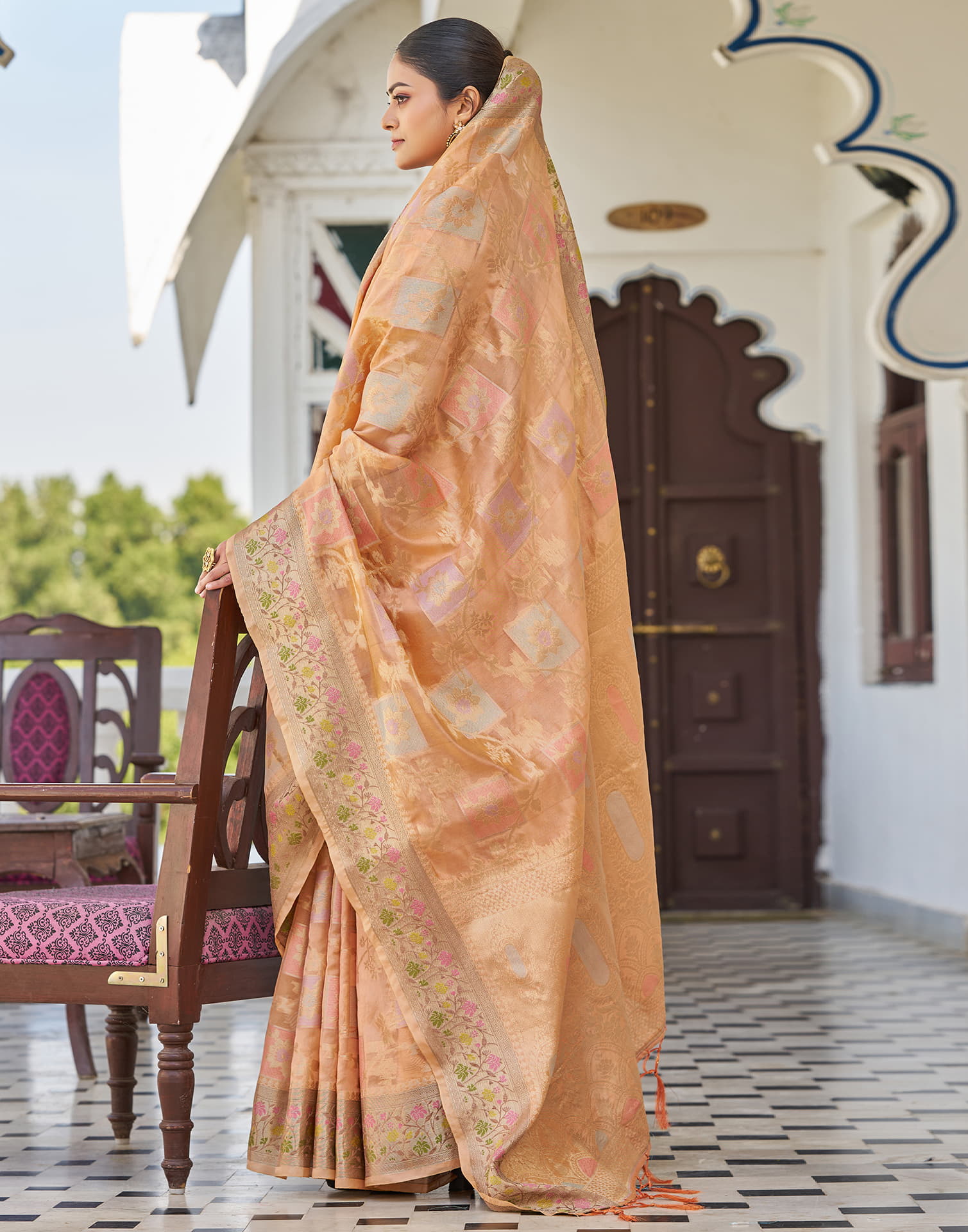 Peach Silk Woven Banarasi Saree