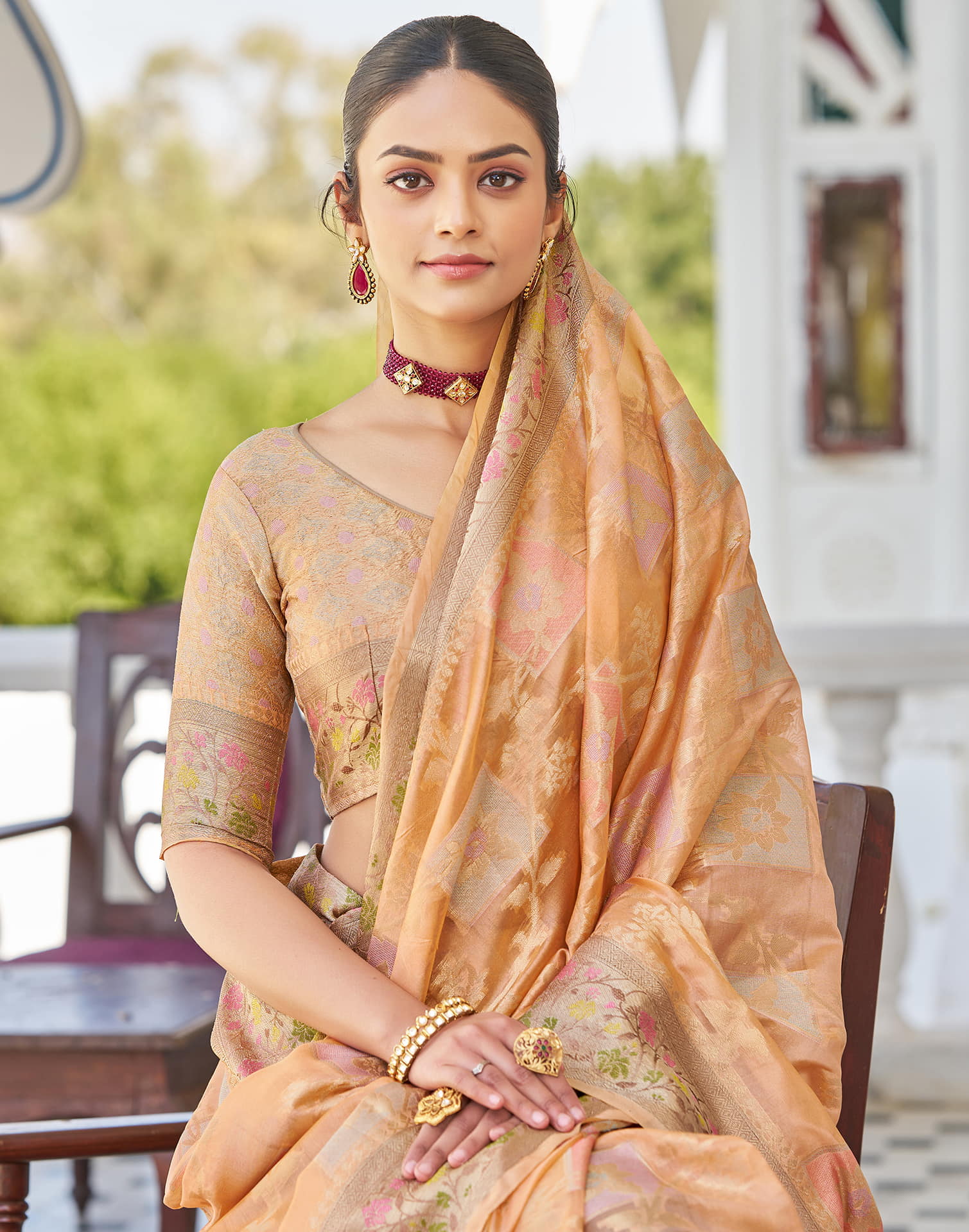 Peach Silk Woven Banarasi Saree